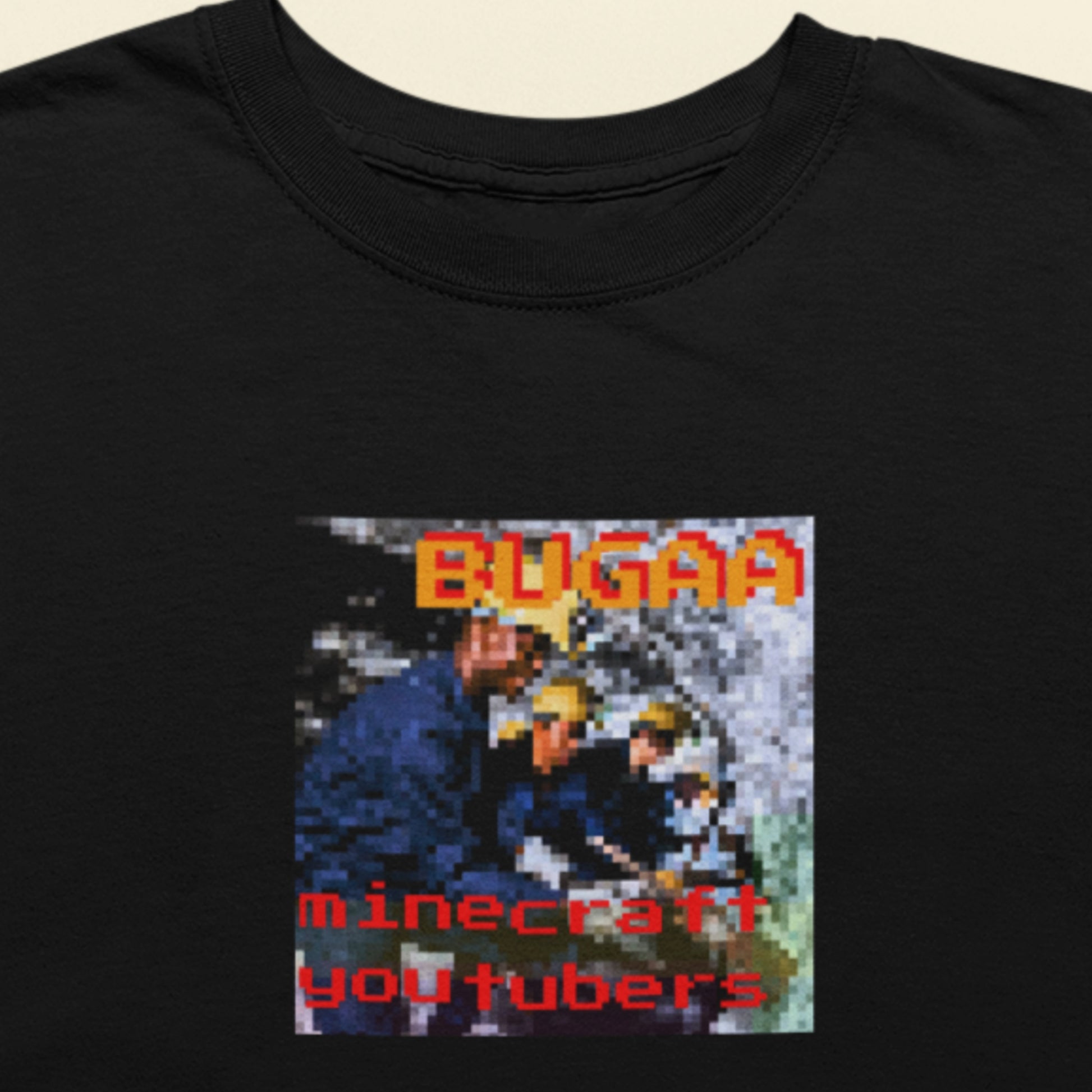 Black t-shirt with pixelated graphic of three people and 'BUGAA minecraft youTubers' text.