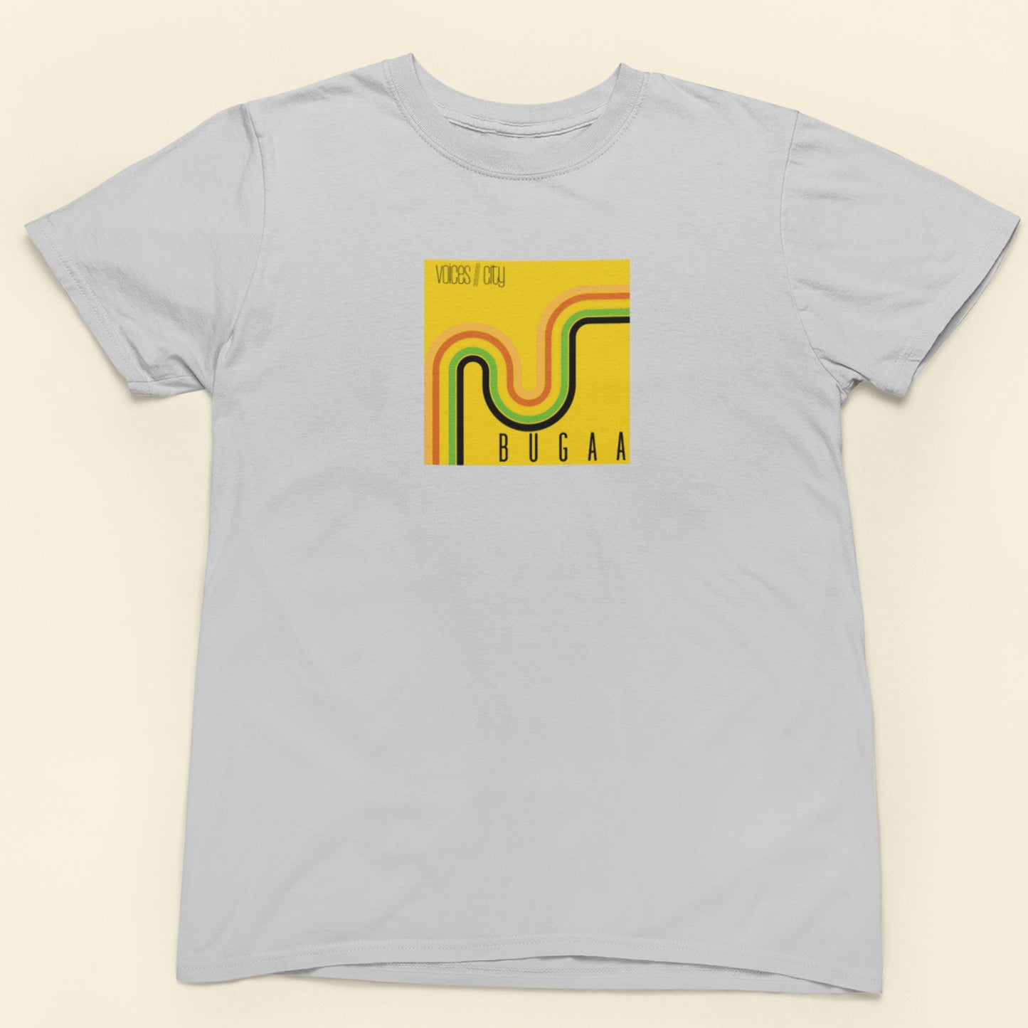 Gray t-shirt with a yellow graphic and text on a beige background