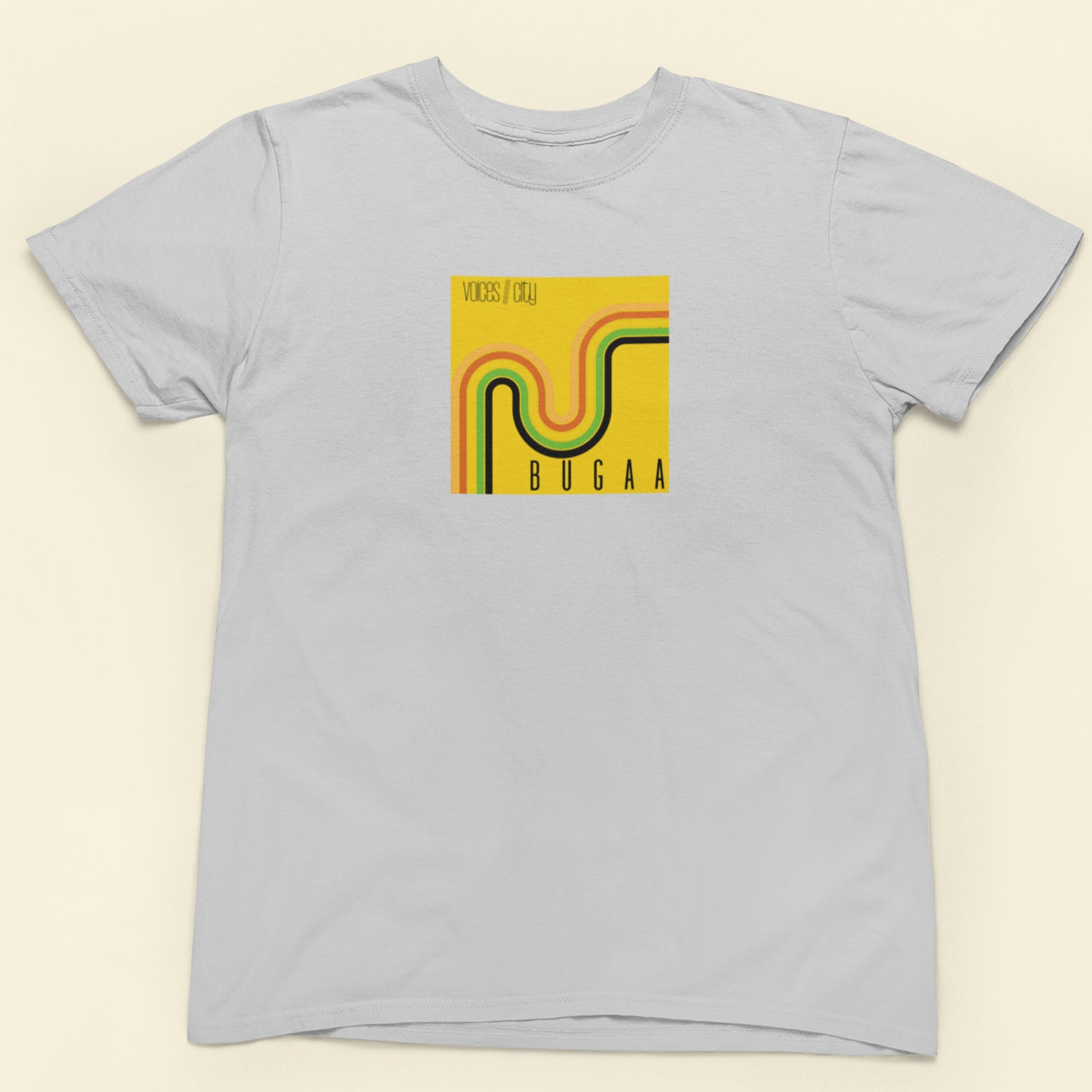 Gray t-shirt with a yellow graphic and text on a beige background