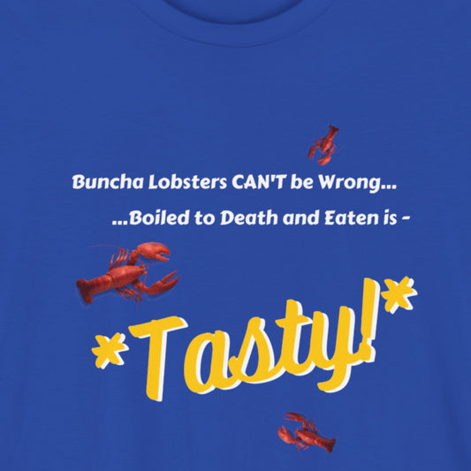 Blue t-shirt with red lobsters and text on a blue background.