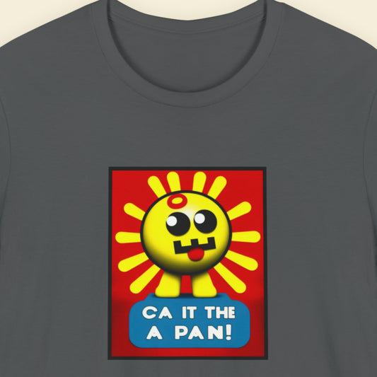 Grey t-shirt with a fun, colorful cartoon illustration on a beige background.