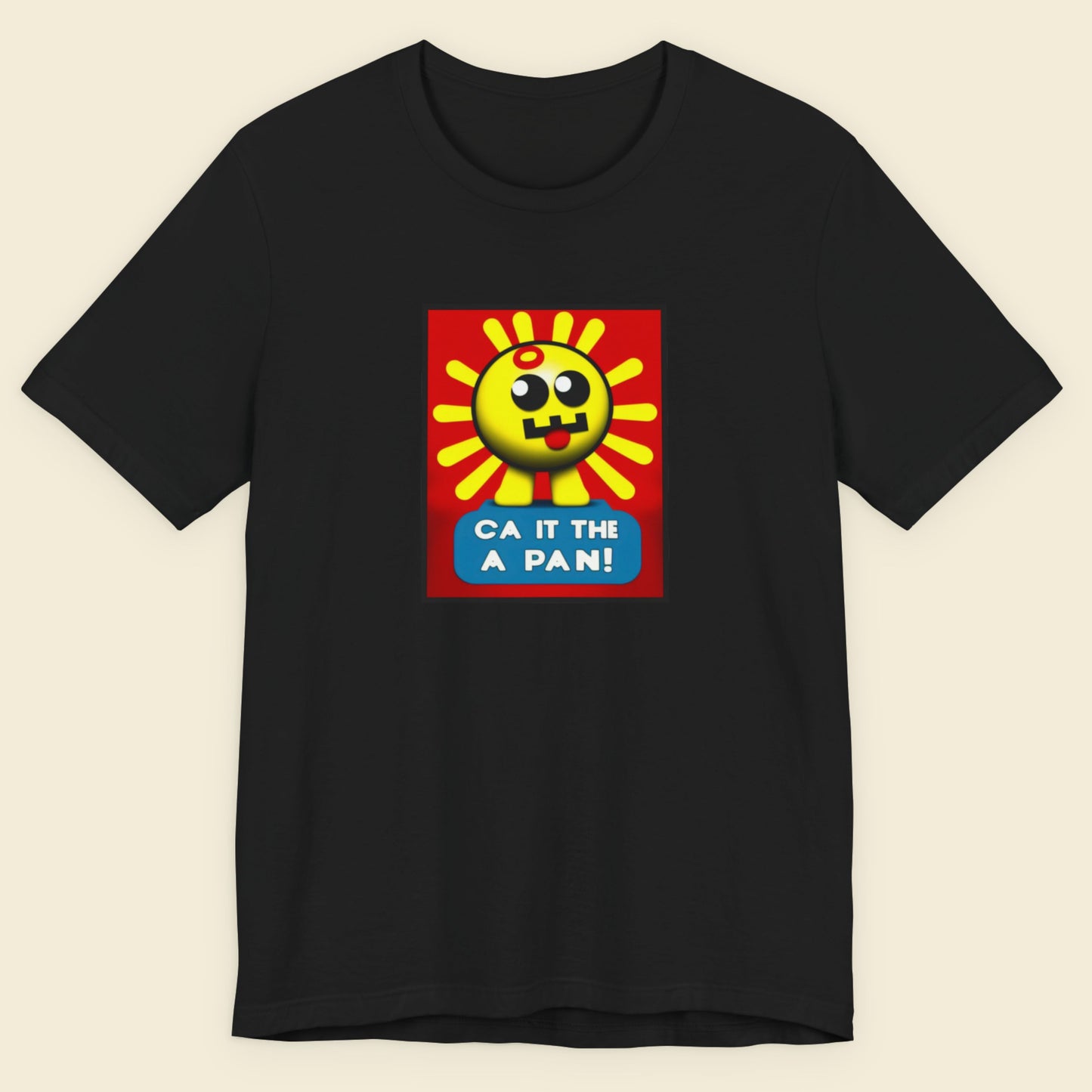 Black t-shirt with a fun, colorful cartoon illustration on a beige background.