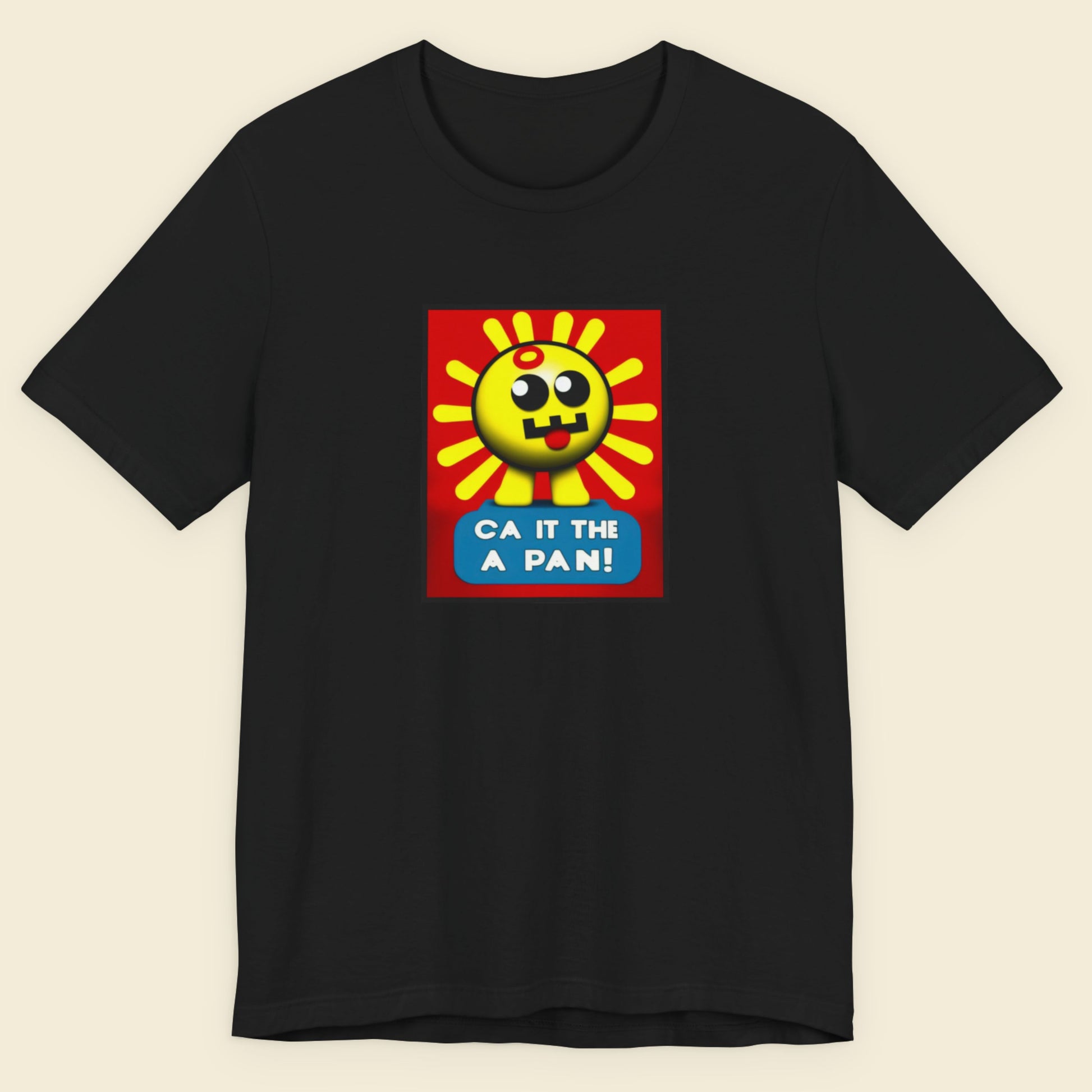 Black t-shirt with a fun, colorful cartoon illustration on a beige background.