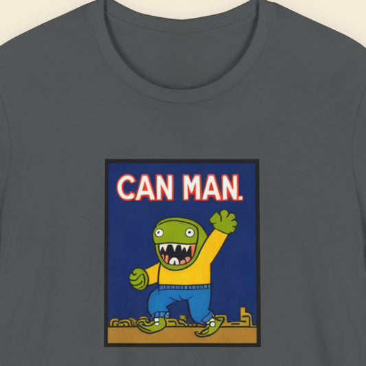 Gray t-shirt with 'Can Man' graphic design featuring a green character in a yellow sweater on a blue background.