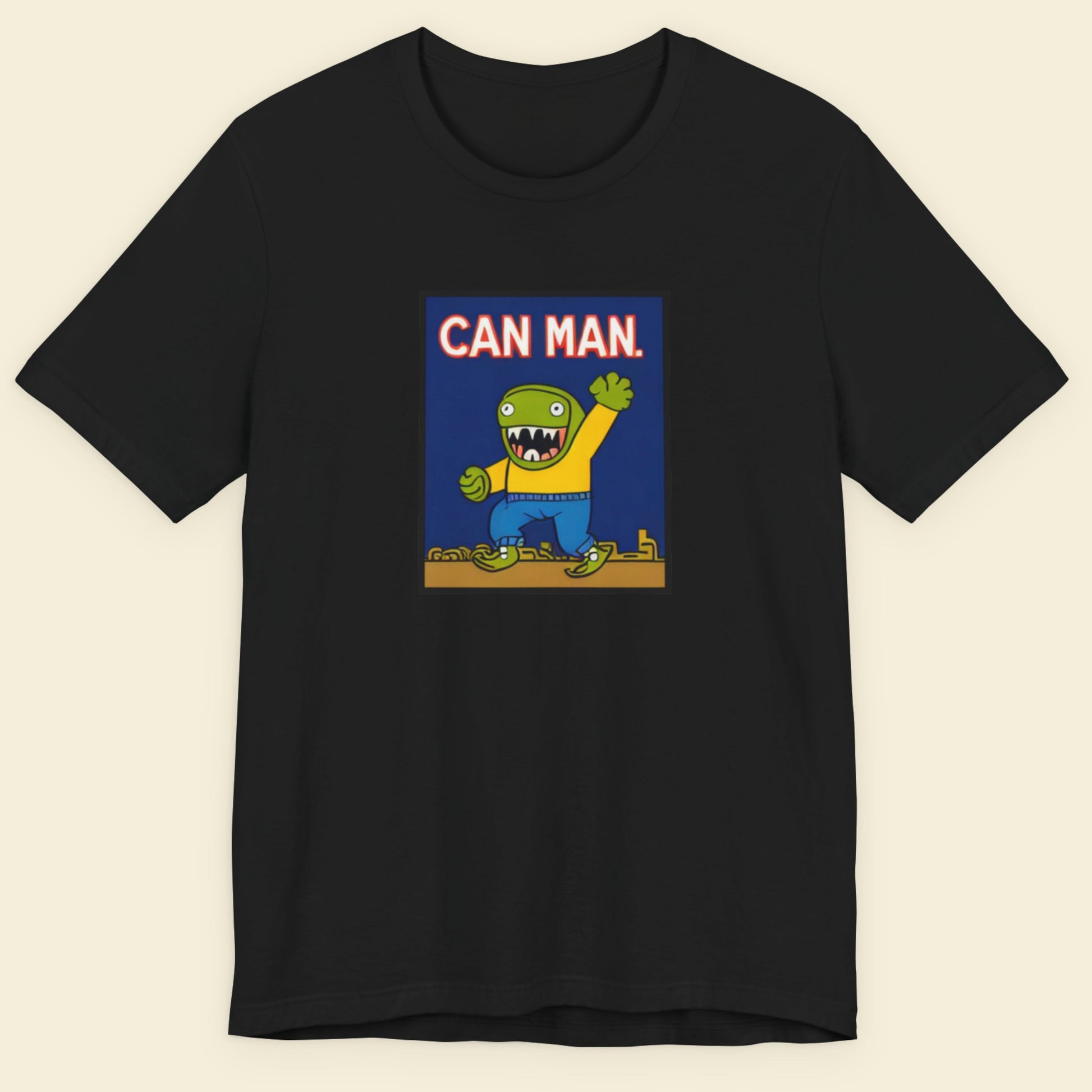 Black t-shirt with a graphic of a green character holding a can labeled 'CAN MAN' on a beige background.