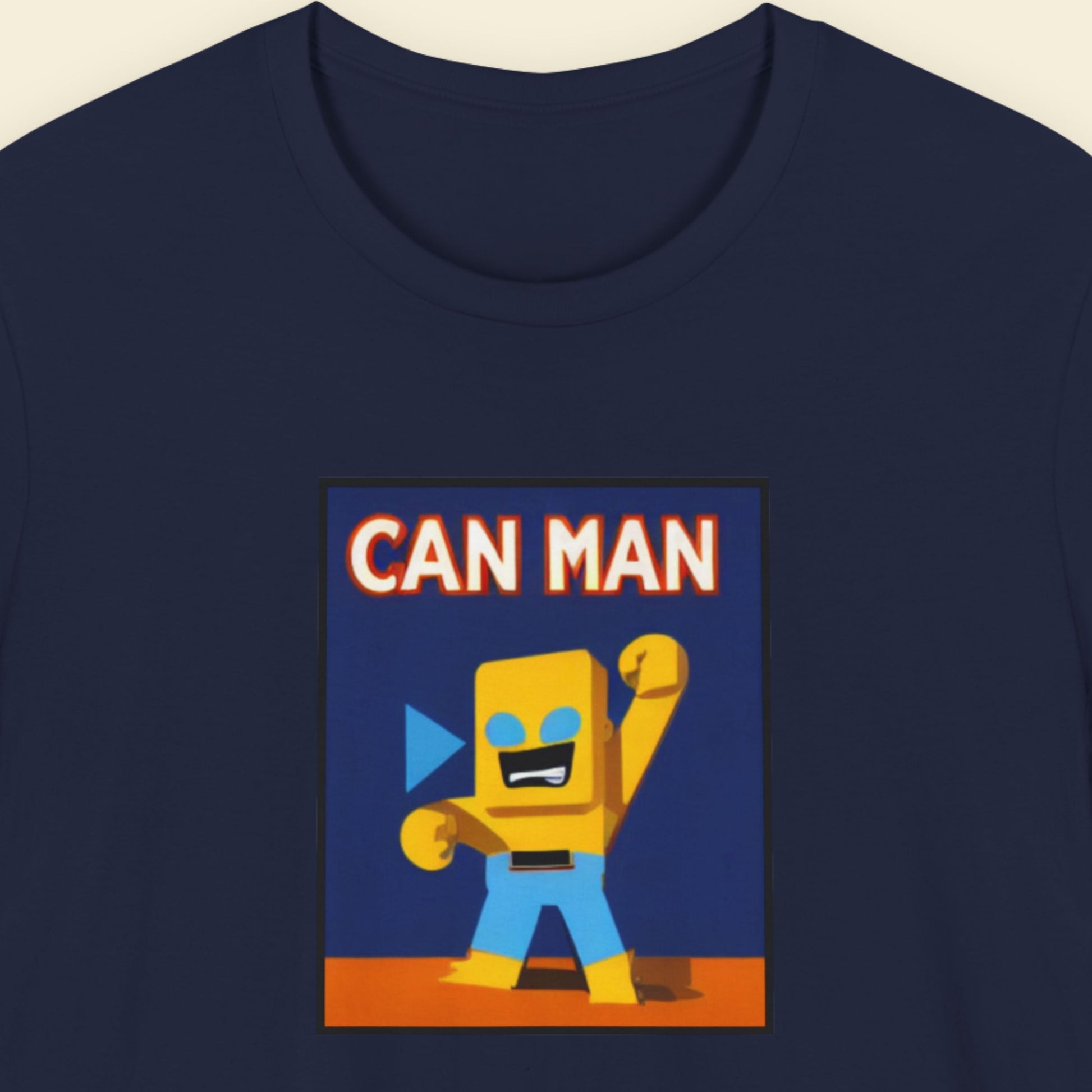 Navy blue t-shirt with a fun, colorful cartoon illustration on a beige background.
