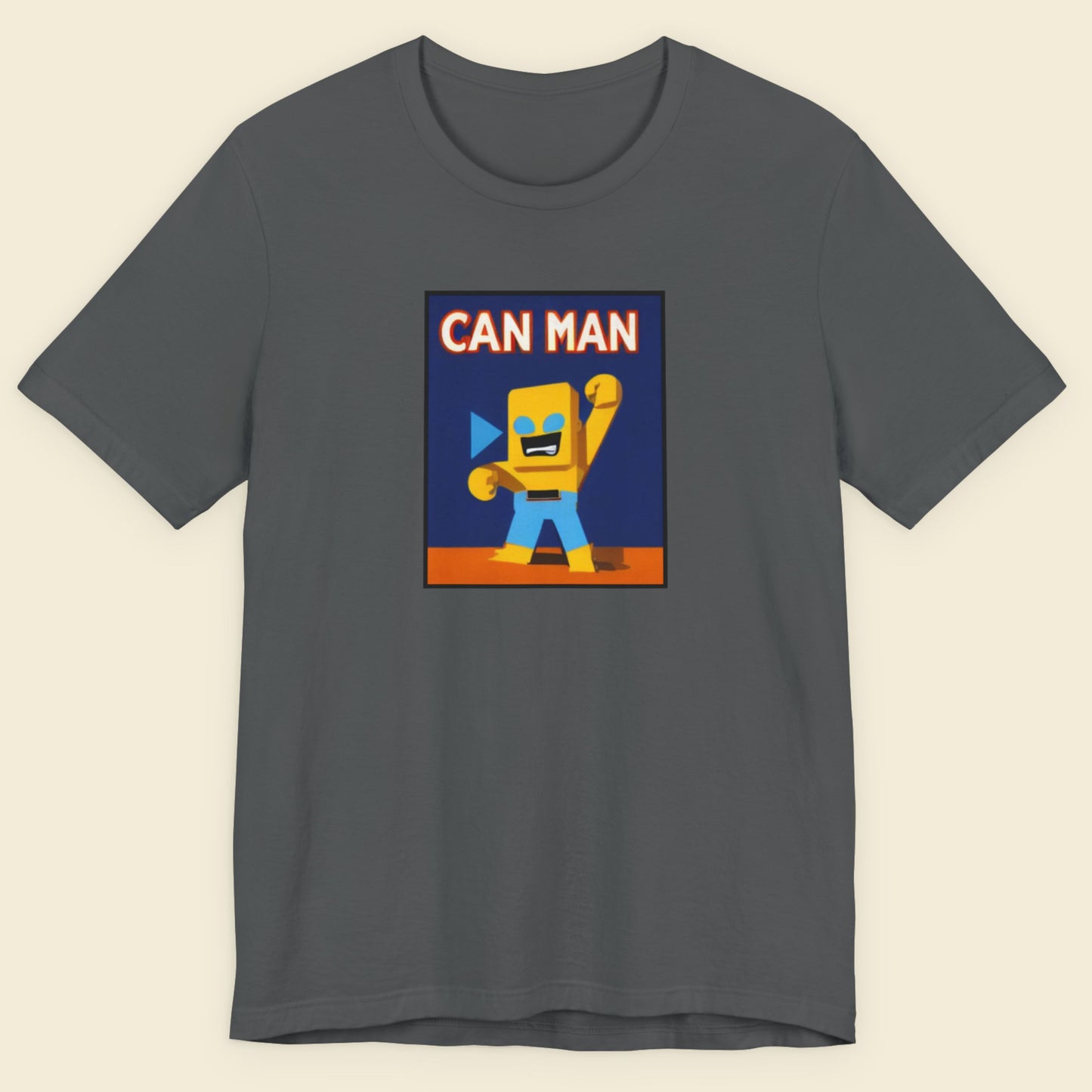 Dark grey t-shirt with a fun, colorful cartoon illustration on a beige background.