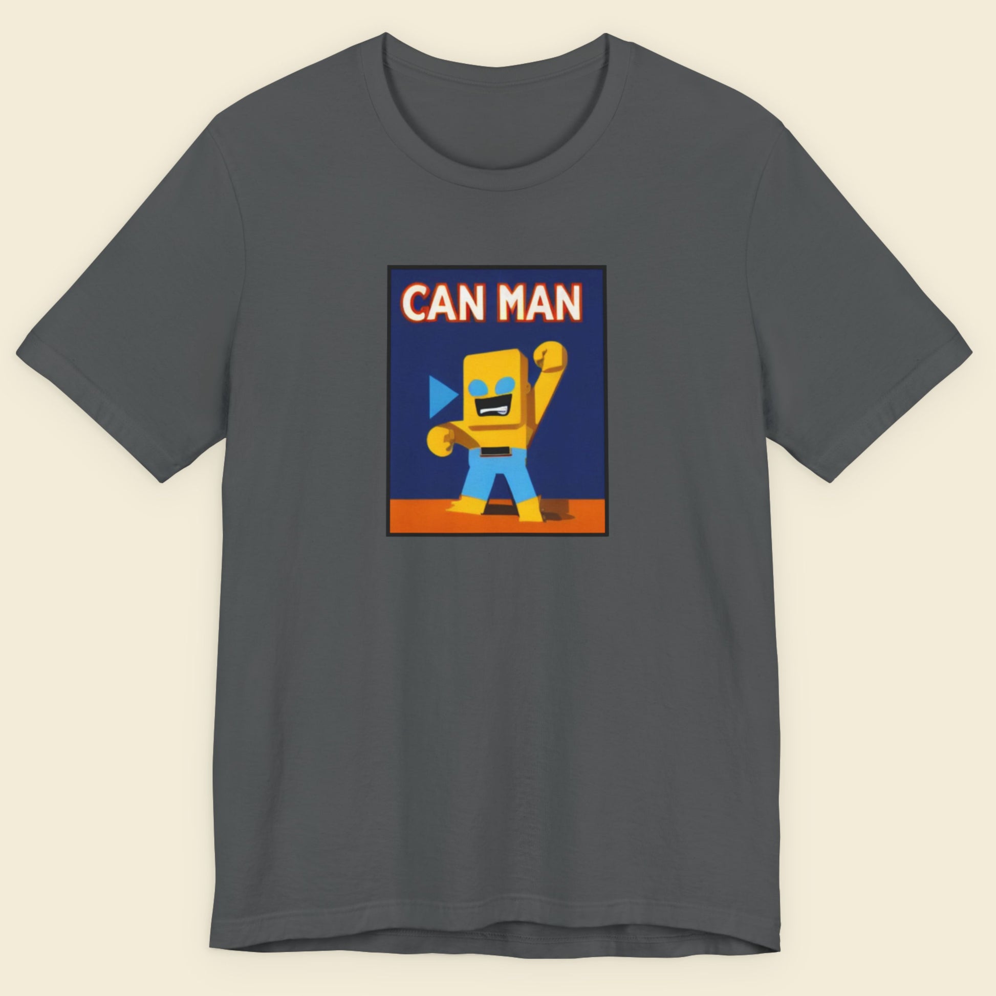 Dark grey t-shirt with a fun, colorful cartoon illustration on a beige background.