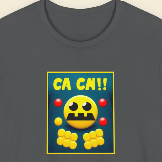 Grey t-shirt with a fun, colorful cartoon illustration on a beige background.