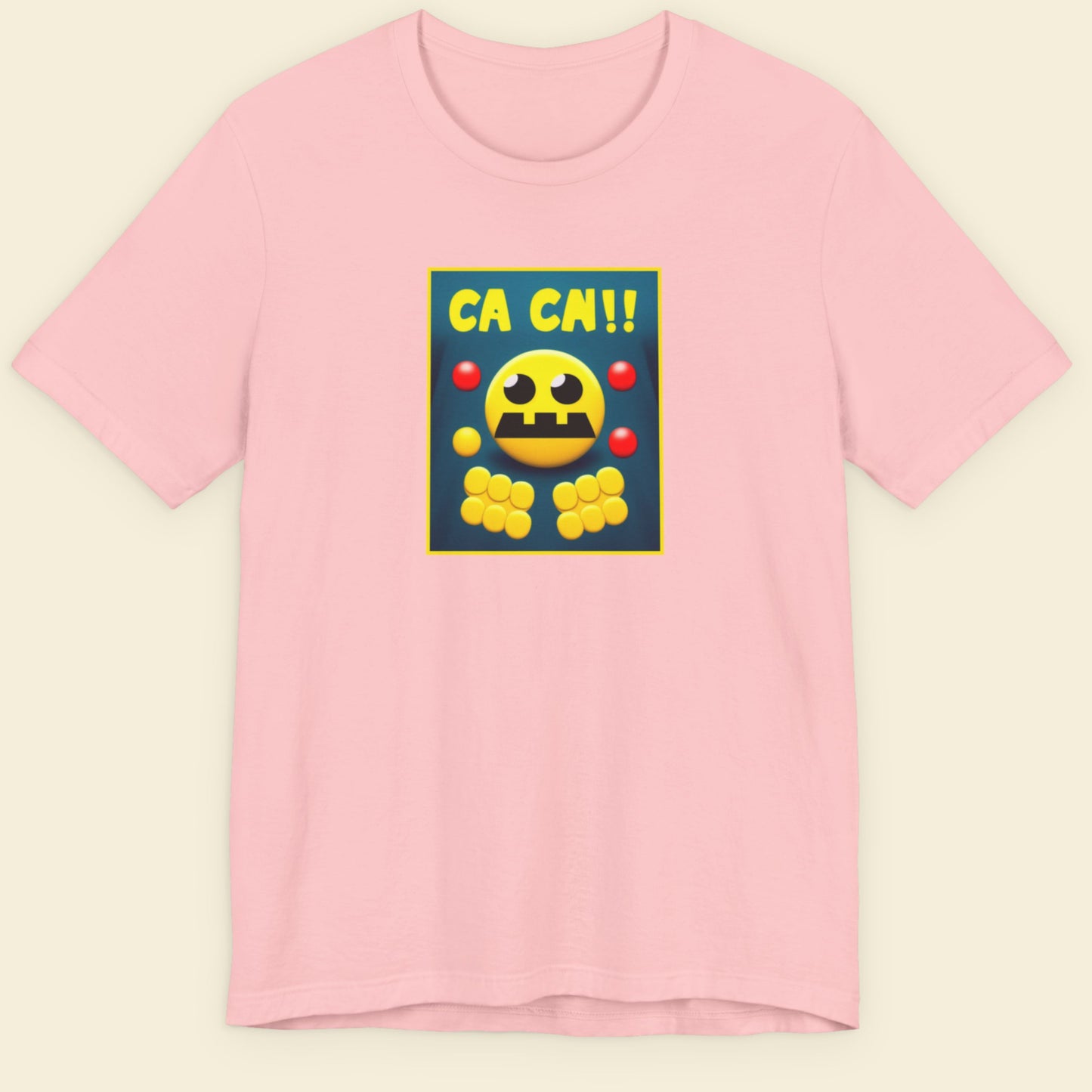 Pink t-shirt with a fun, colorful cartoon illustration on a beige background.