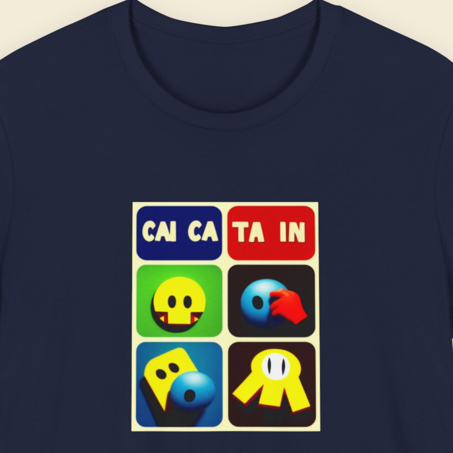 Navy blue t-shirt with a fun, colorful cartoon illustration on a beige background.