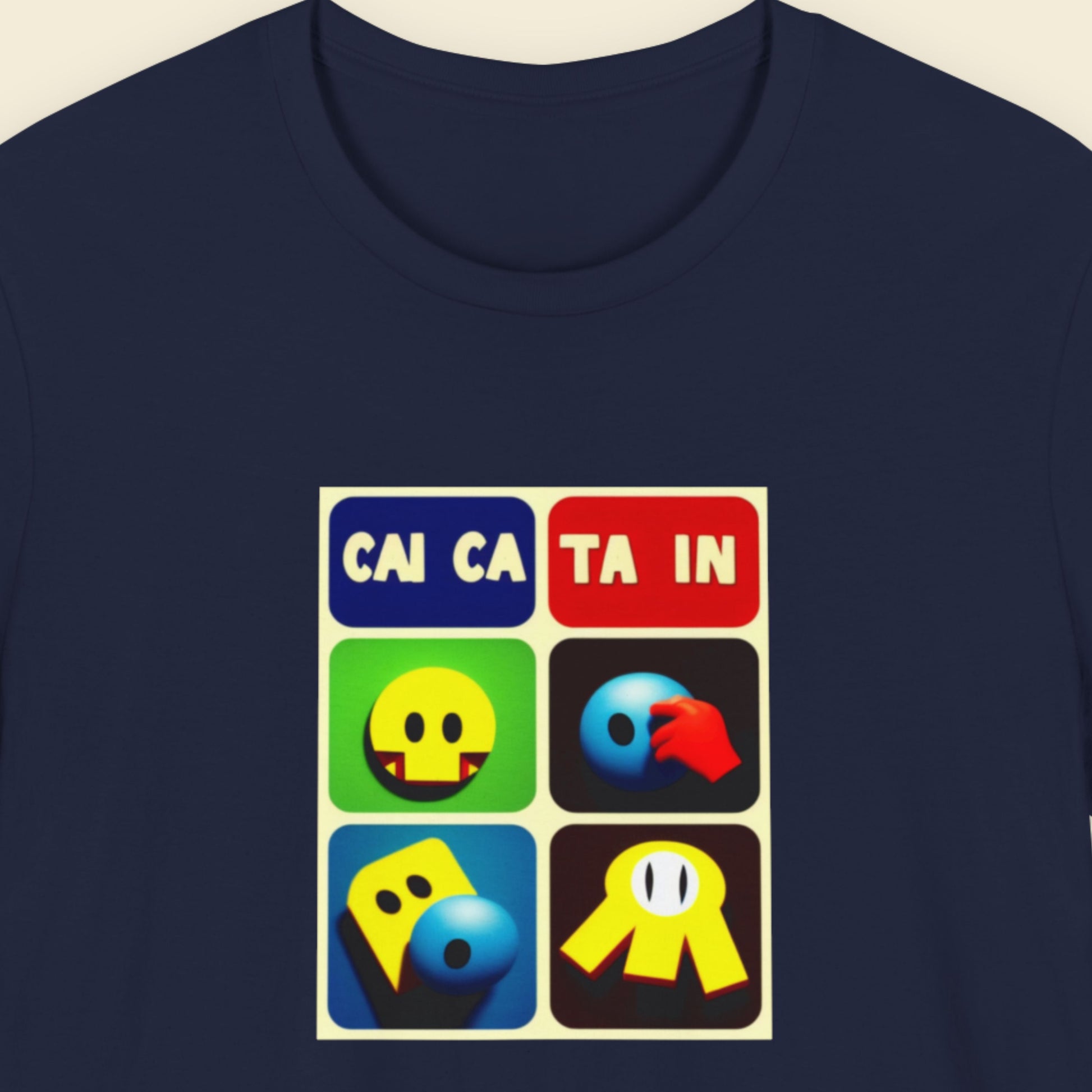 Navy blue t-shirt with a fun, colorful cartoon illustration on a beige background.