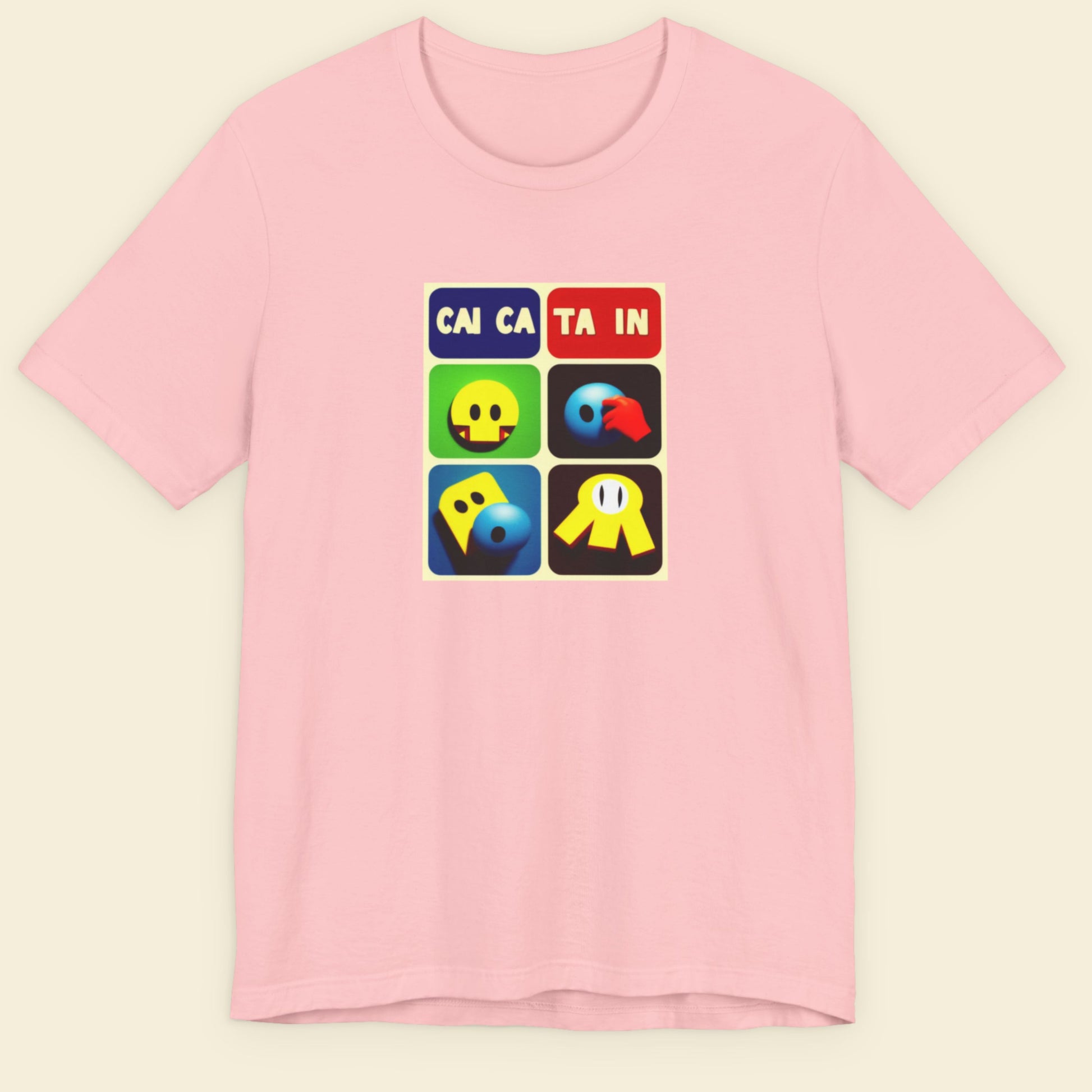 Pink t-shirt with colorful graphic design on a beige background.