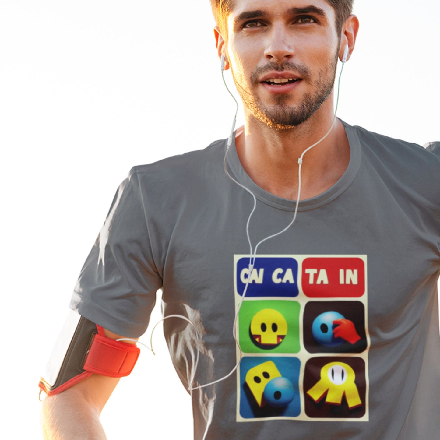 Man running outdoors wearing a gray t-shirt with colorful graphics and text.