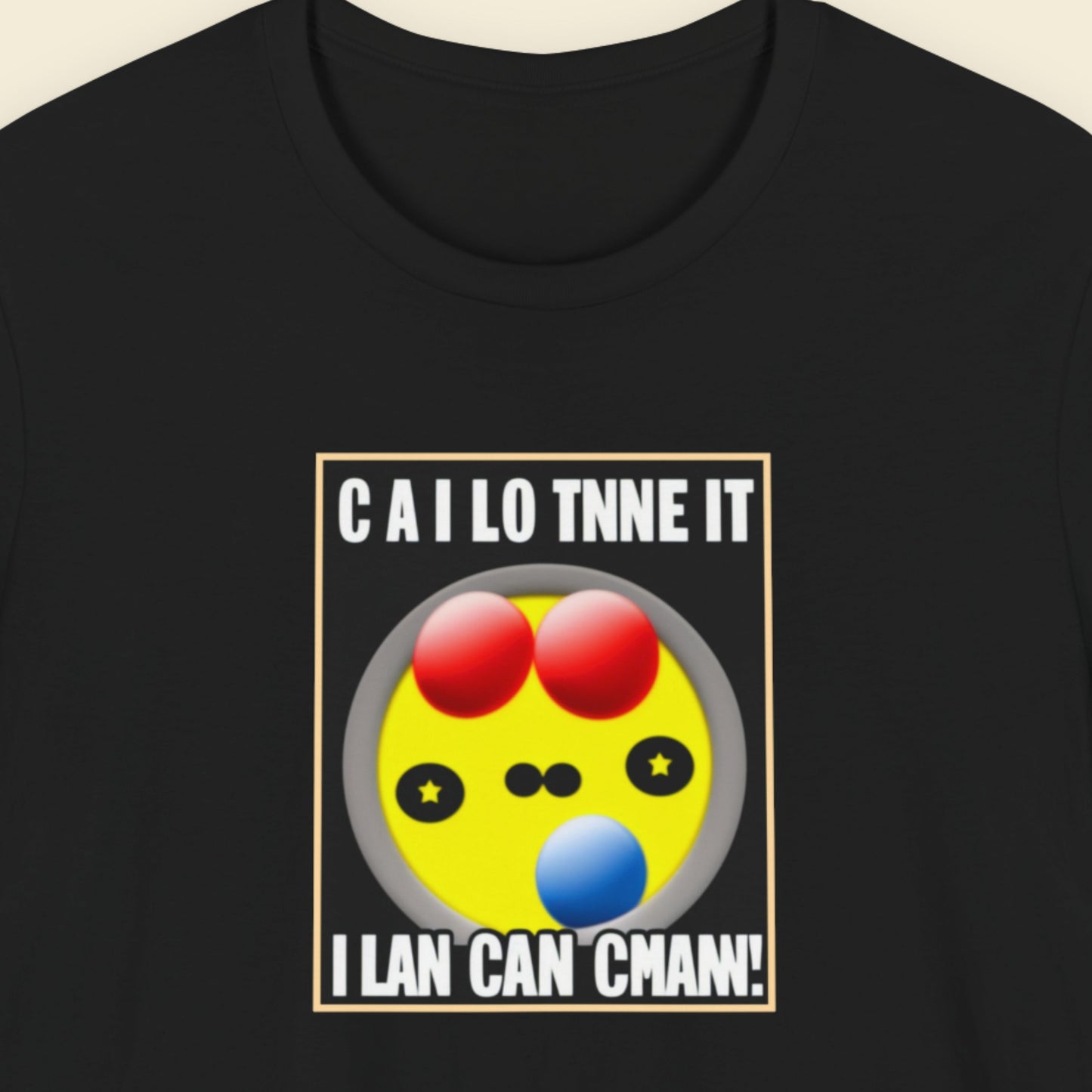 Black t-shirt with a fun, colorful cartoon illustration on a beige background.