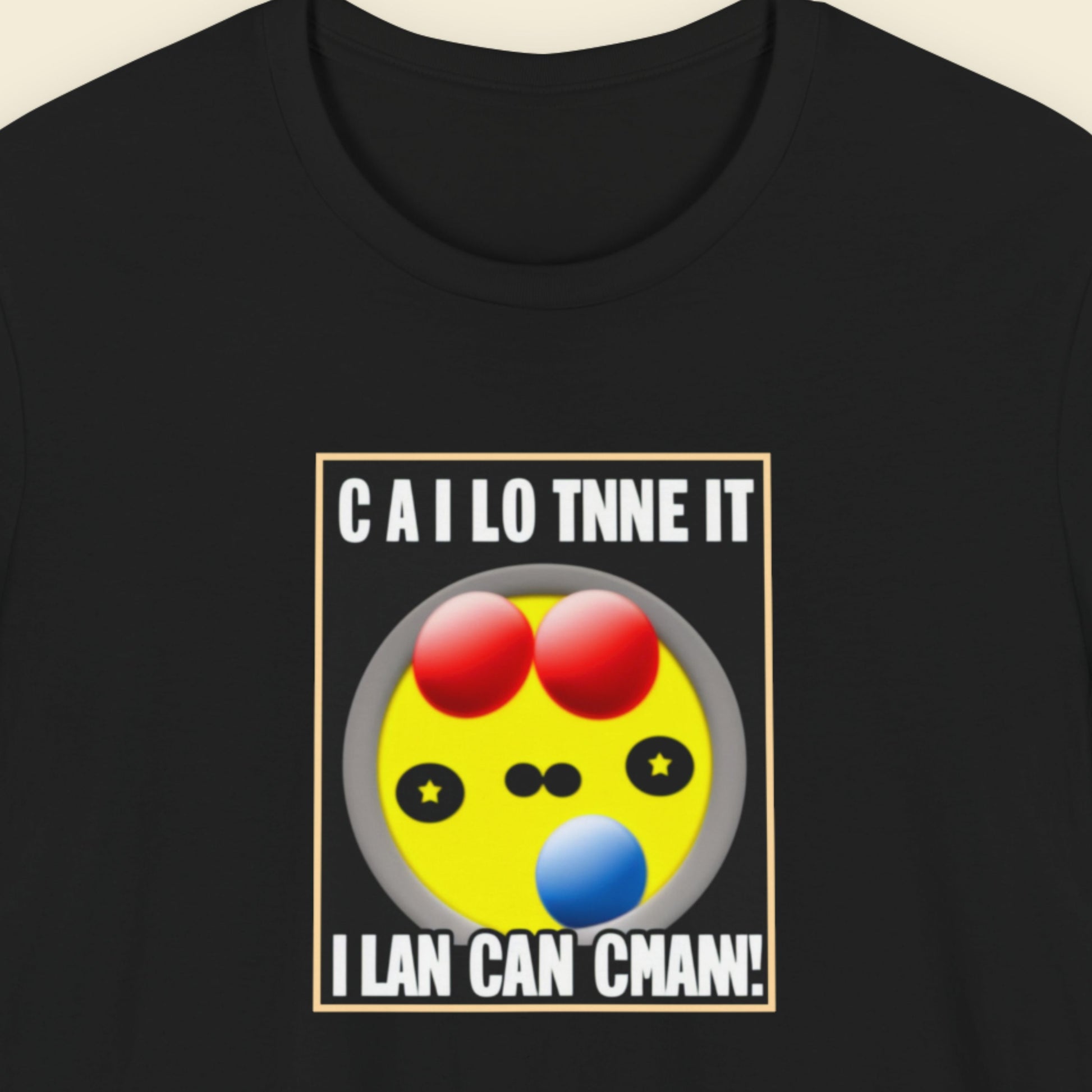 Black t-shirt with a fun, colorful cartoon illustration on a beige background.