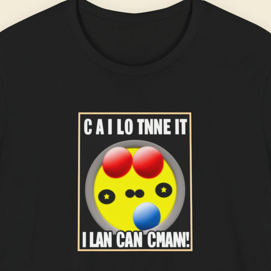 Black t-shirt with a fun, colorful cartoon illustration on a beige background.