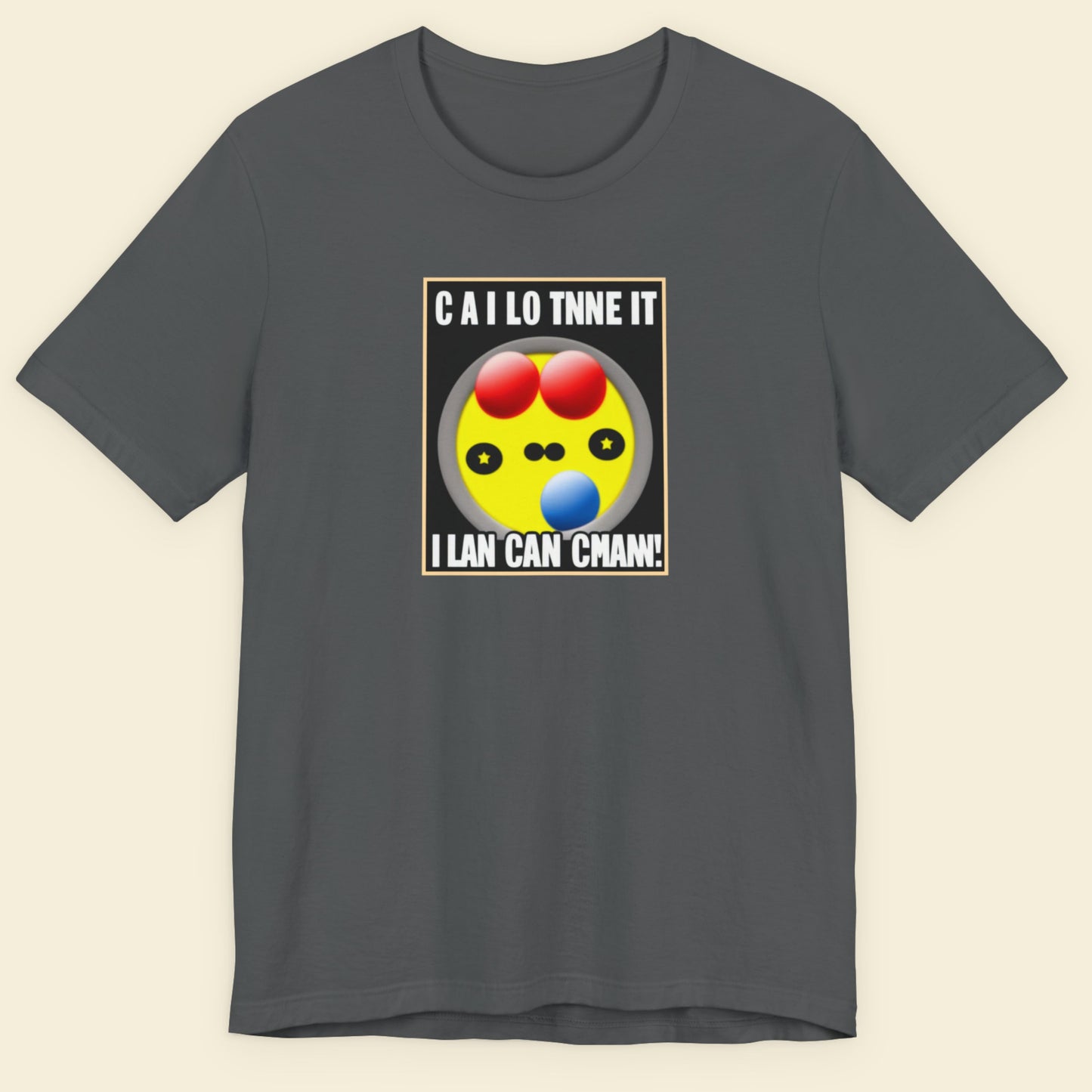 Gray t-shirt with a colorful graphic and text on a beige background.