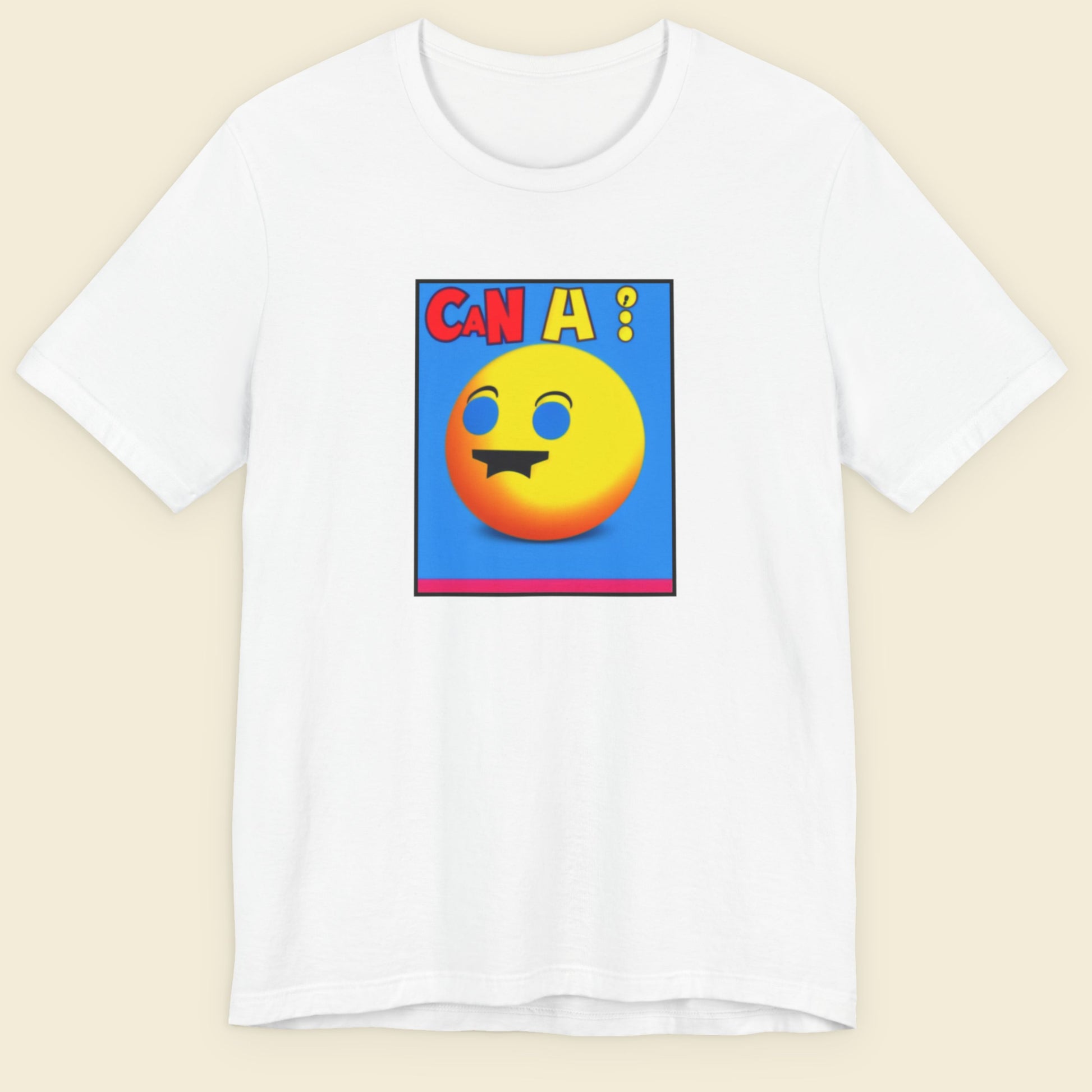 White t-shirt with a fun, colorful cartoon illustration on a beige background.