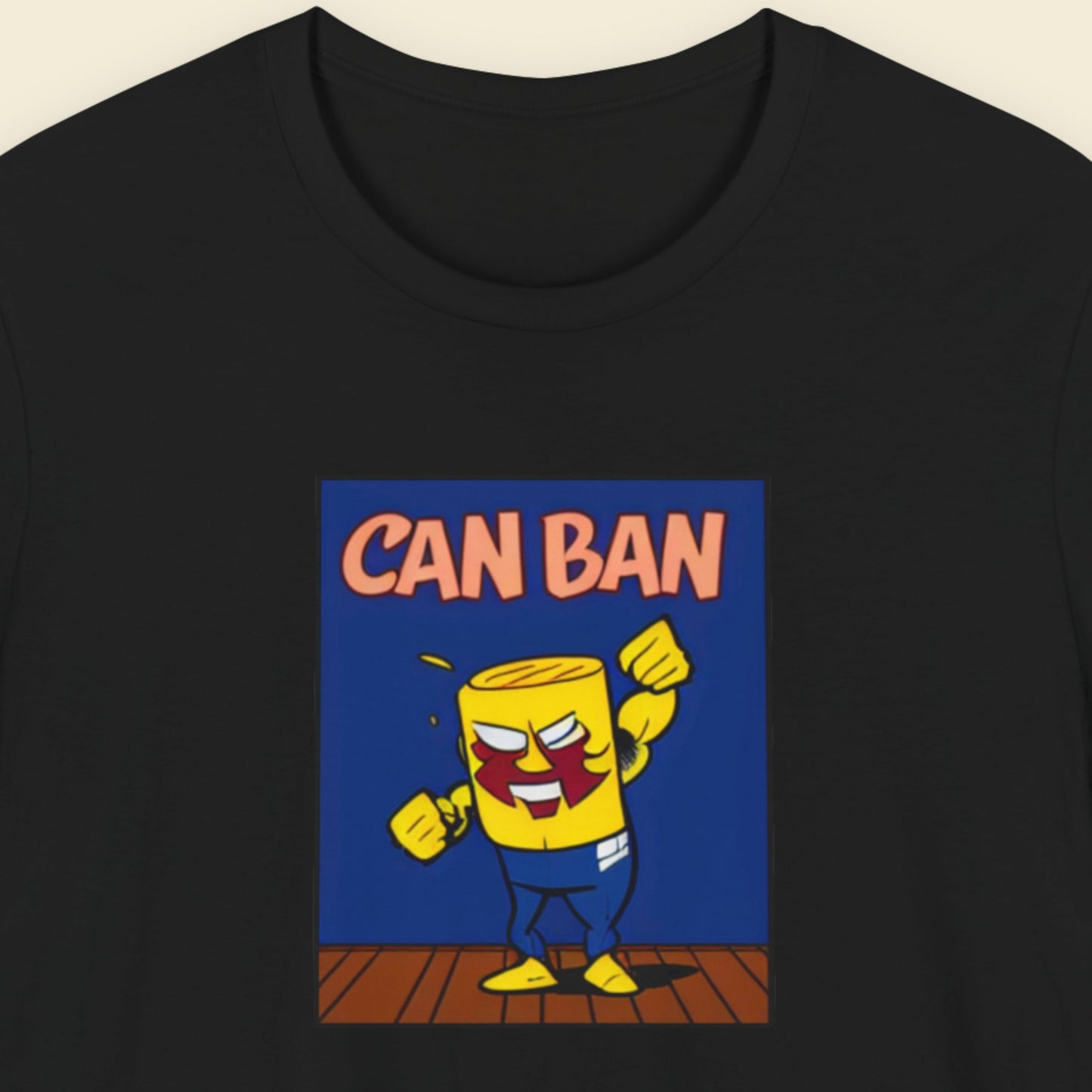Black t-shirt with a cartoon character and 'CAN BAN' text on a blue background.