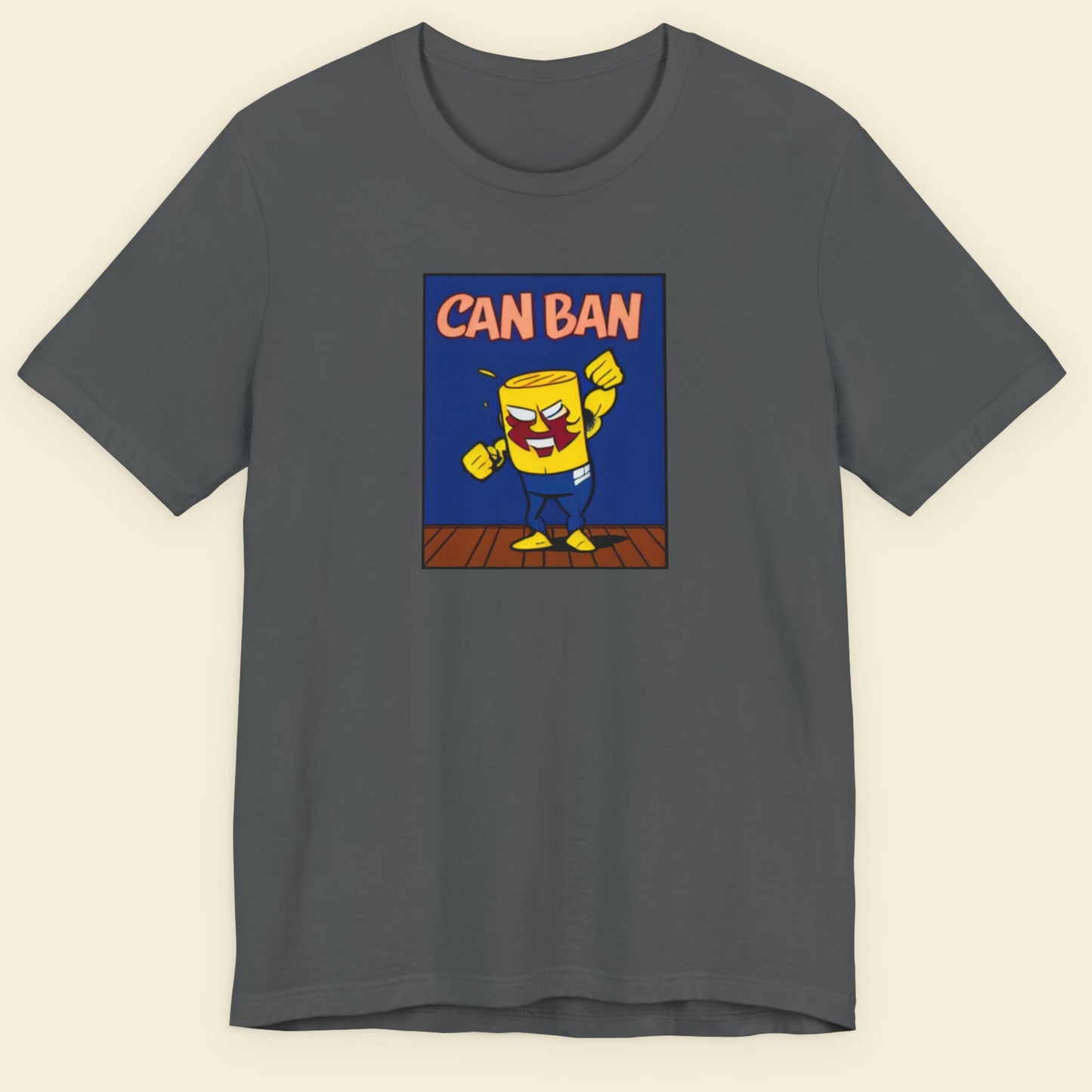 Dark grey t-shirt with a fun, colorful cartoon illustration on a beige background.