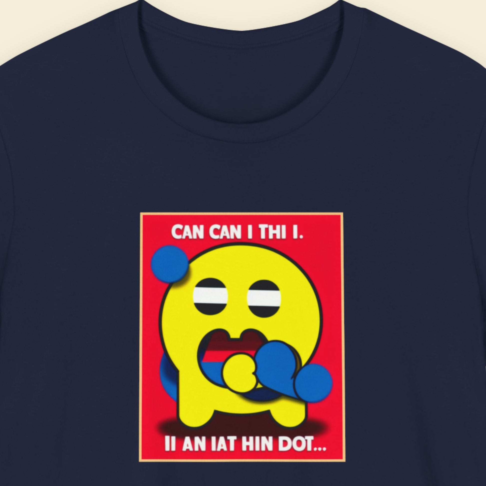 Navy blue t-shirt with a fun, colorful cartoon illustration on a beige background.