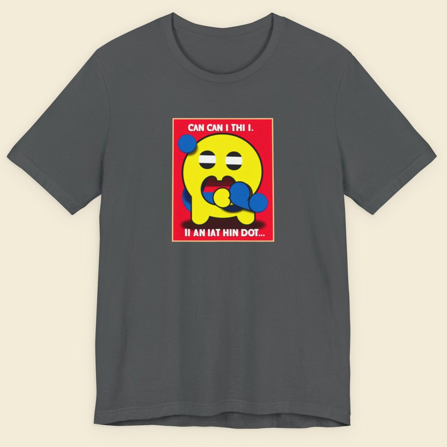 Gray t-shirt with a colorful graphic design on a beige background.