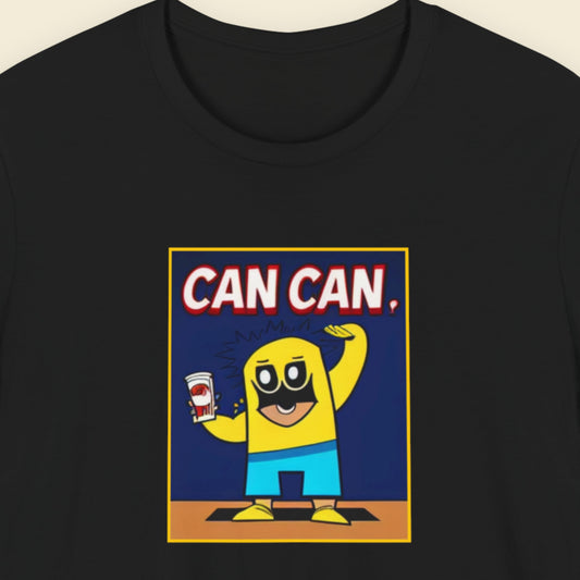 Black t-shirt with a cartoon character and 'CAN CAN' text on a blue background.