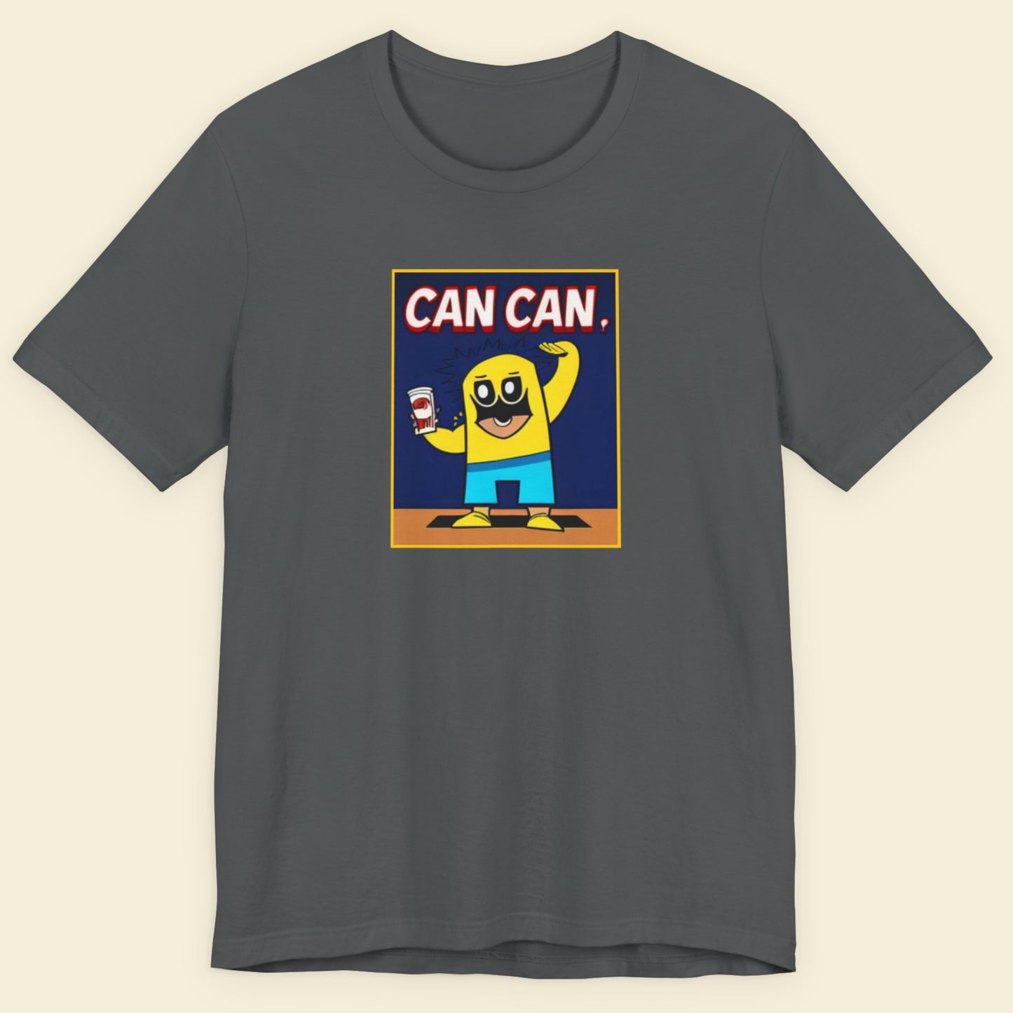 Gray t-shirt with a colorful graphic of a character and 'CAN CAN' text on a beige background.