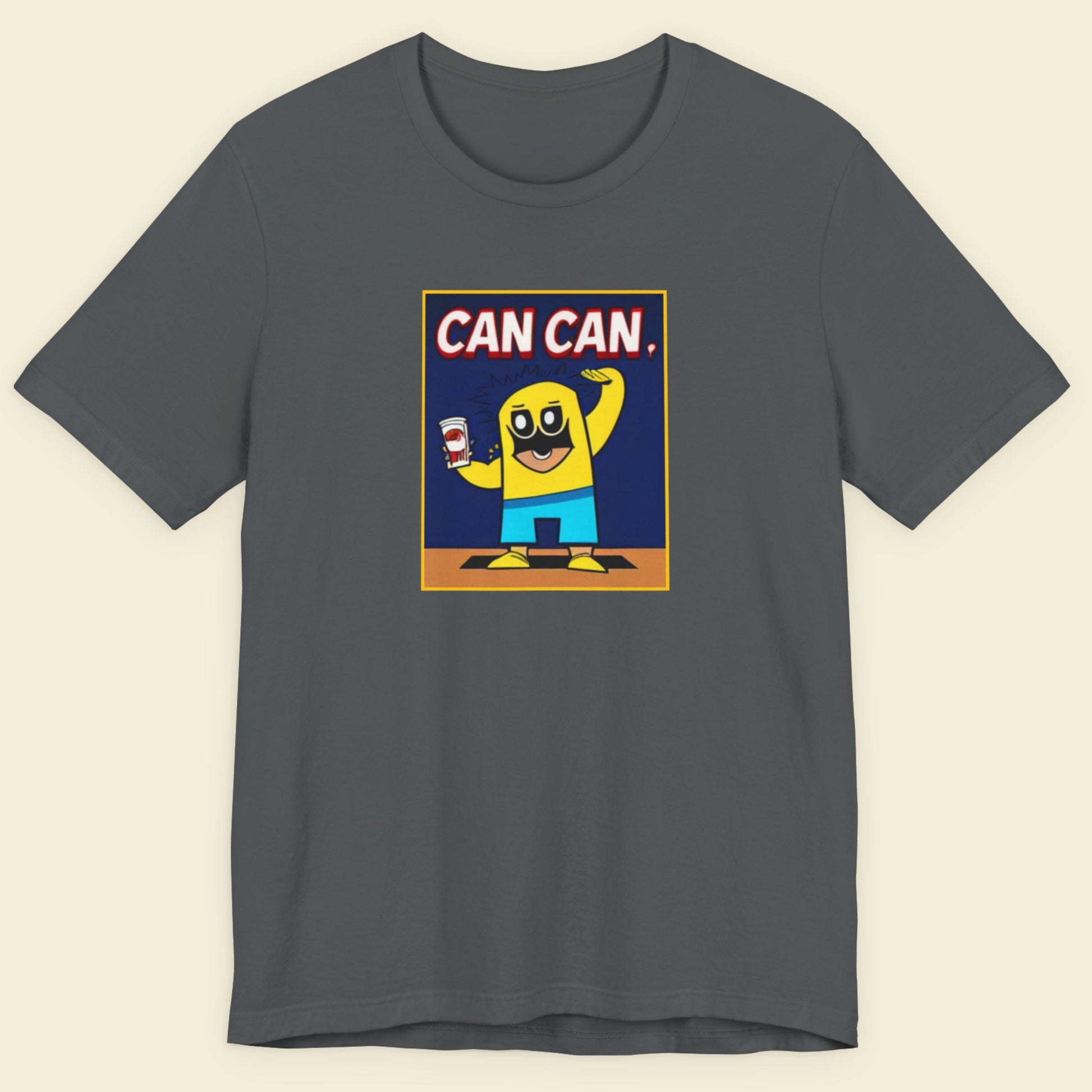 Gray t-shirt with a colorful graphic of a character and 'CAN CAN' text on a beige background.