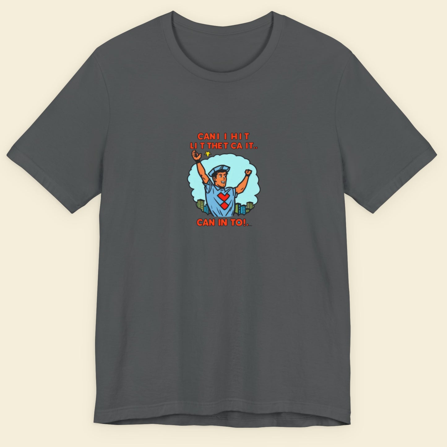 Dark grey t-shirt with a fun, colorful crossing guard cartoon illustration on a beige background.