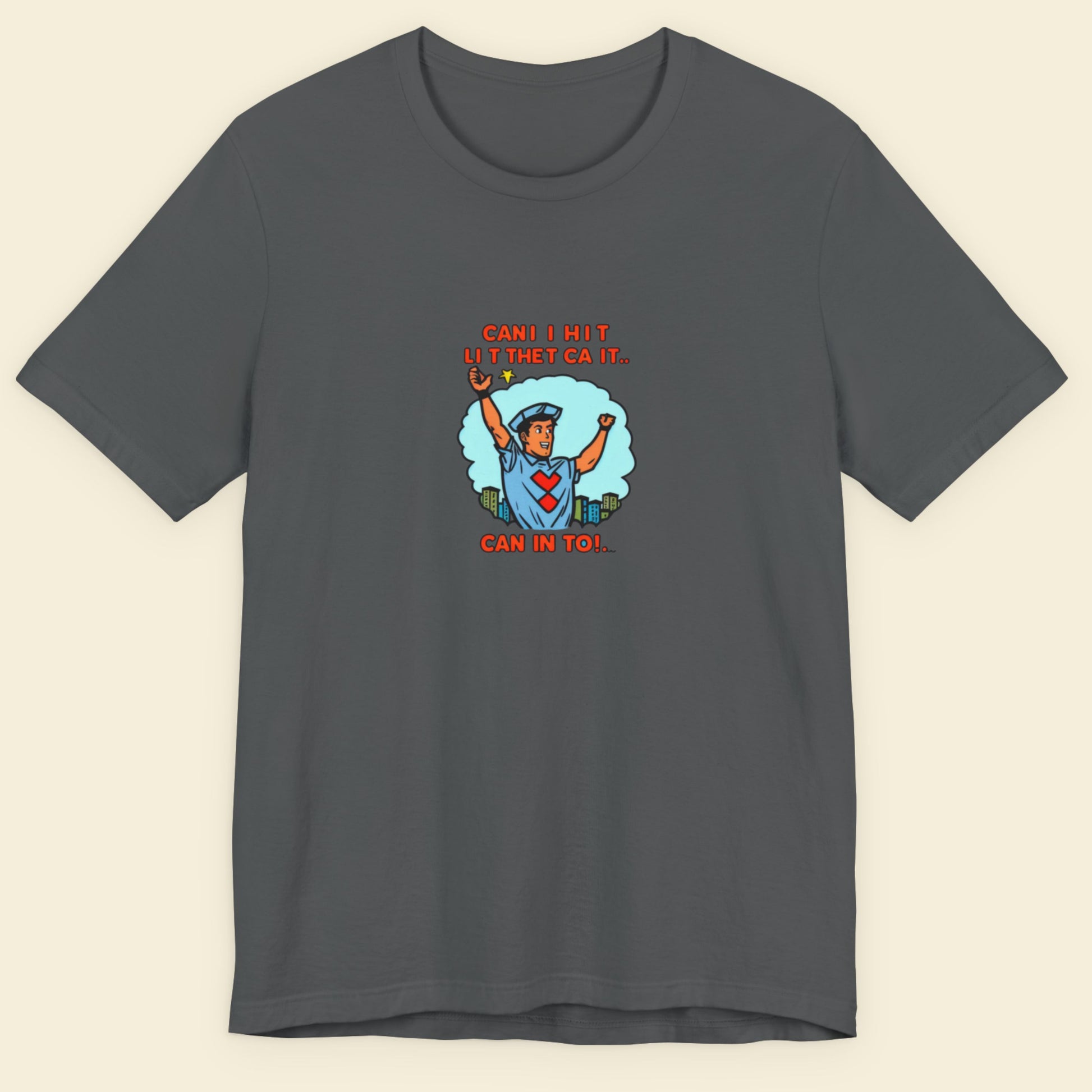 Dark grey t-shirt with a fun, colorful crossing guard cartoon illustration on a beige background.