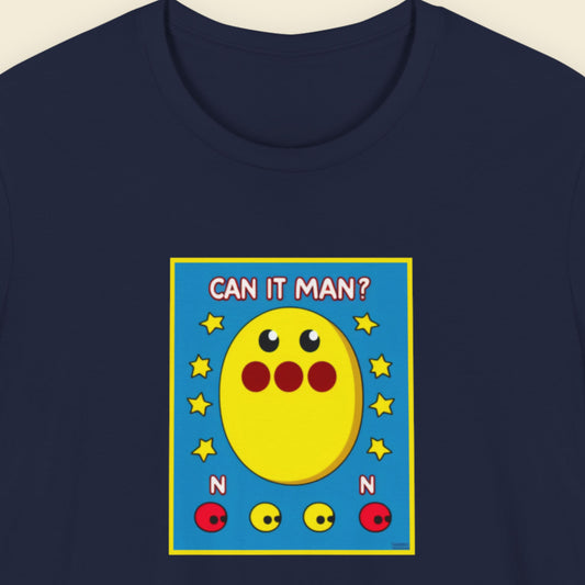 Navy blue t-shirt with a colorful graphic of a yellow character and text 'CAN IT MAN?' on a blue background.