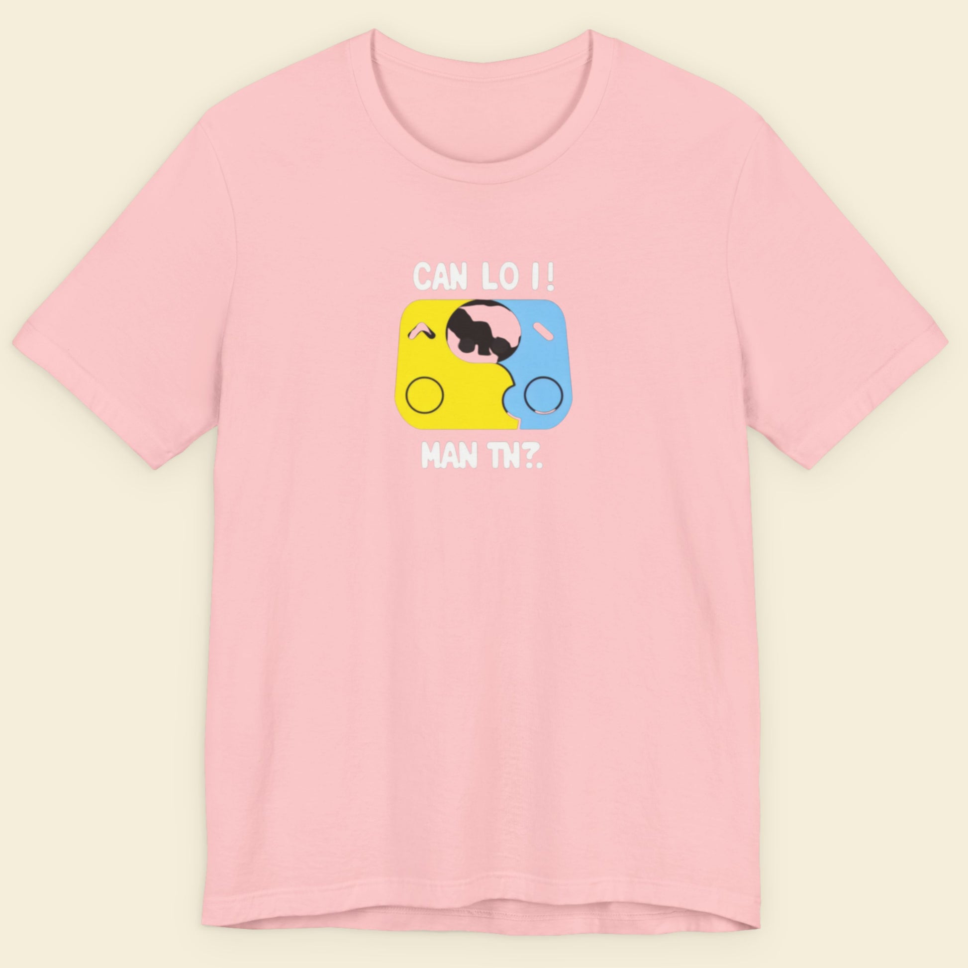 Pink t-shirt with colorful graphic and text on a beige background.