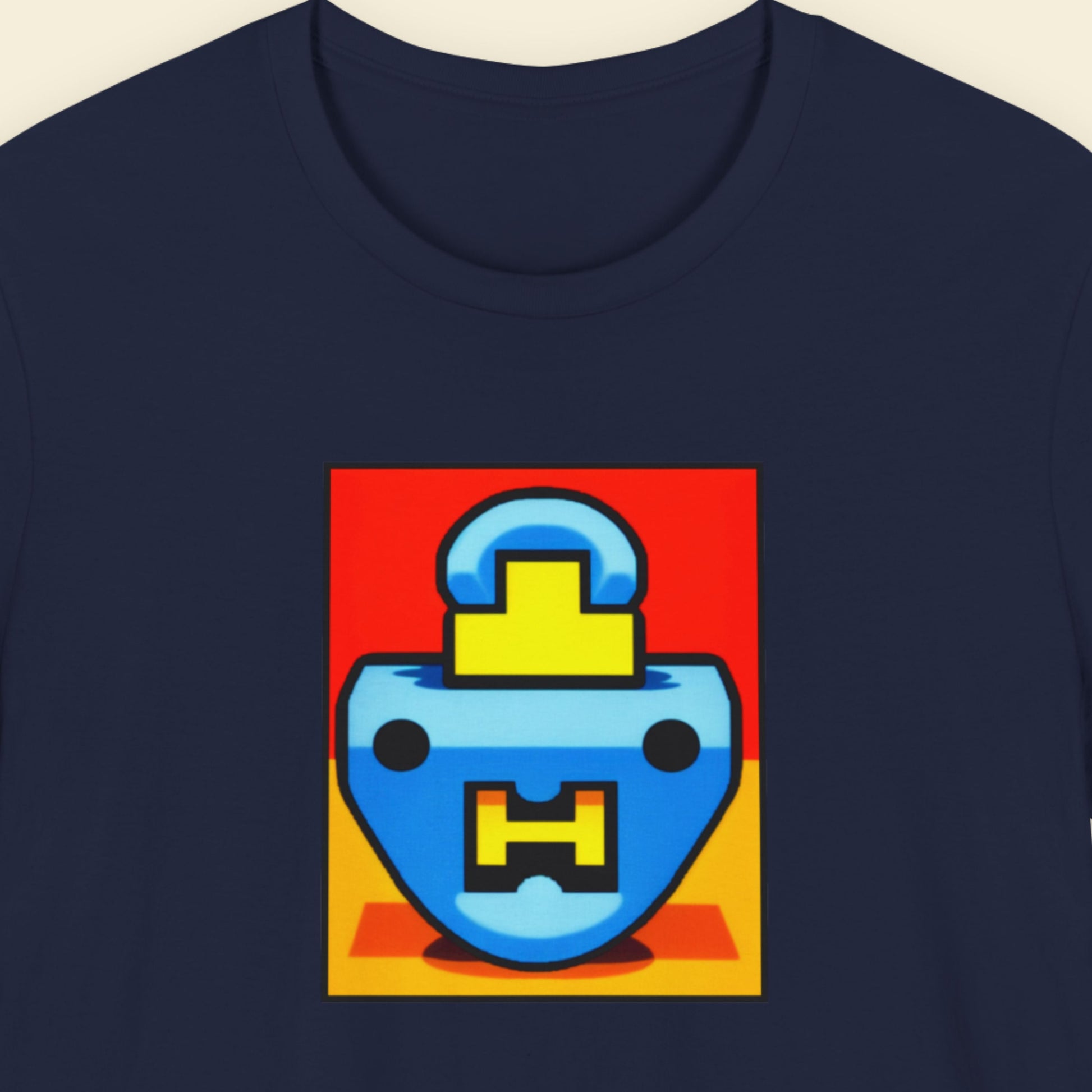 Navy blue t-shirt with a colorful graphic design on a beige background.