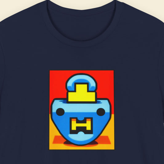 Navy blue t-shirt with a colorful graphic design on a beige background.