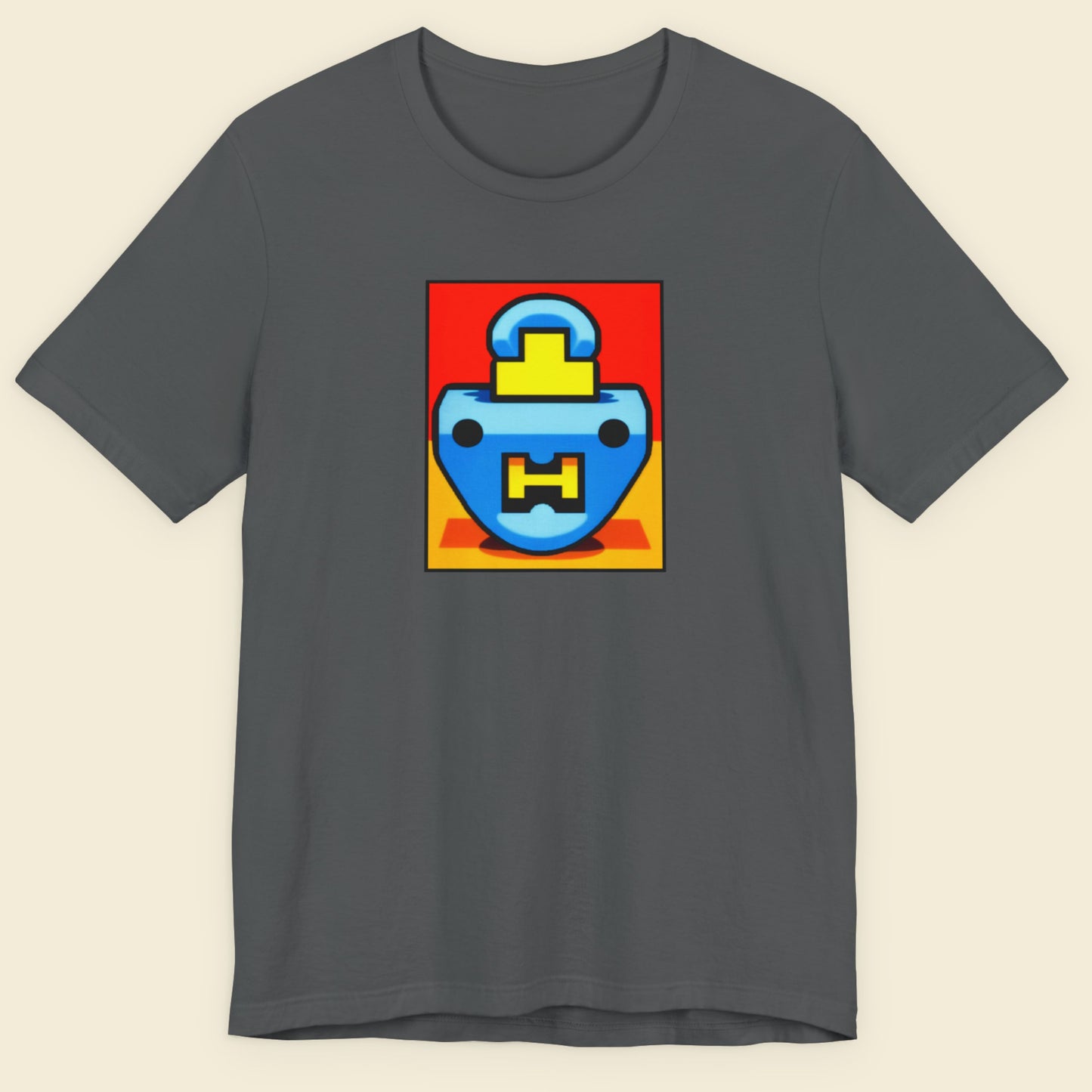 Gray t-shirt with a colorful graphic design on a beige background.