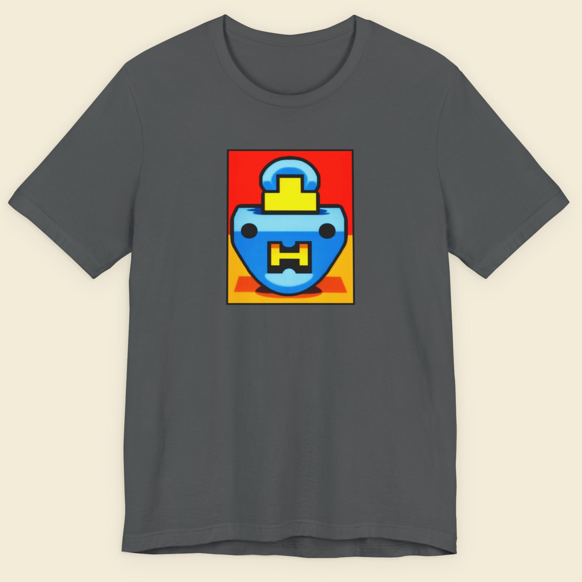 Gray t-shirt with a colorful graphic design on a beige background.