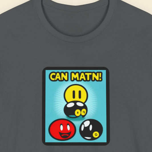 Grey t-shirt with a fun, colorful cartoon illustration on a beige background.