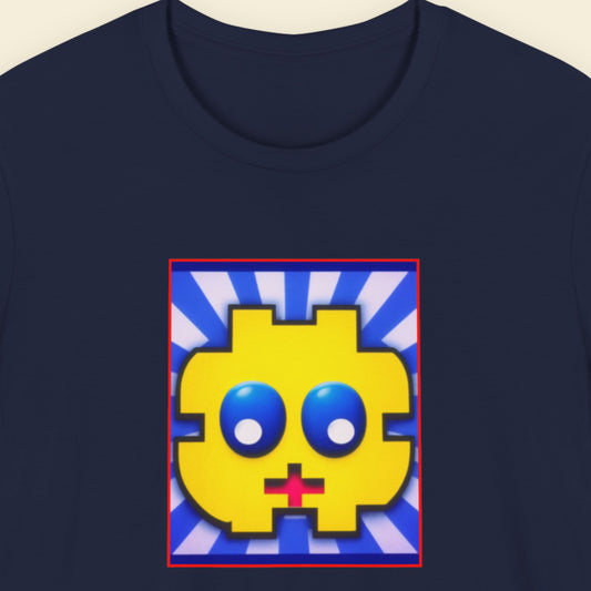 Navy blue t-shirt with a colorful pixelated character design on a beige background.