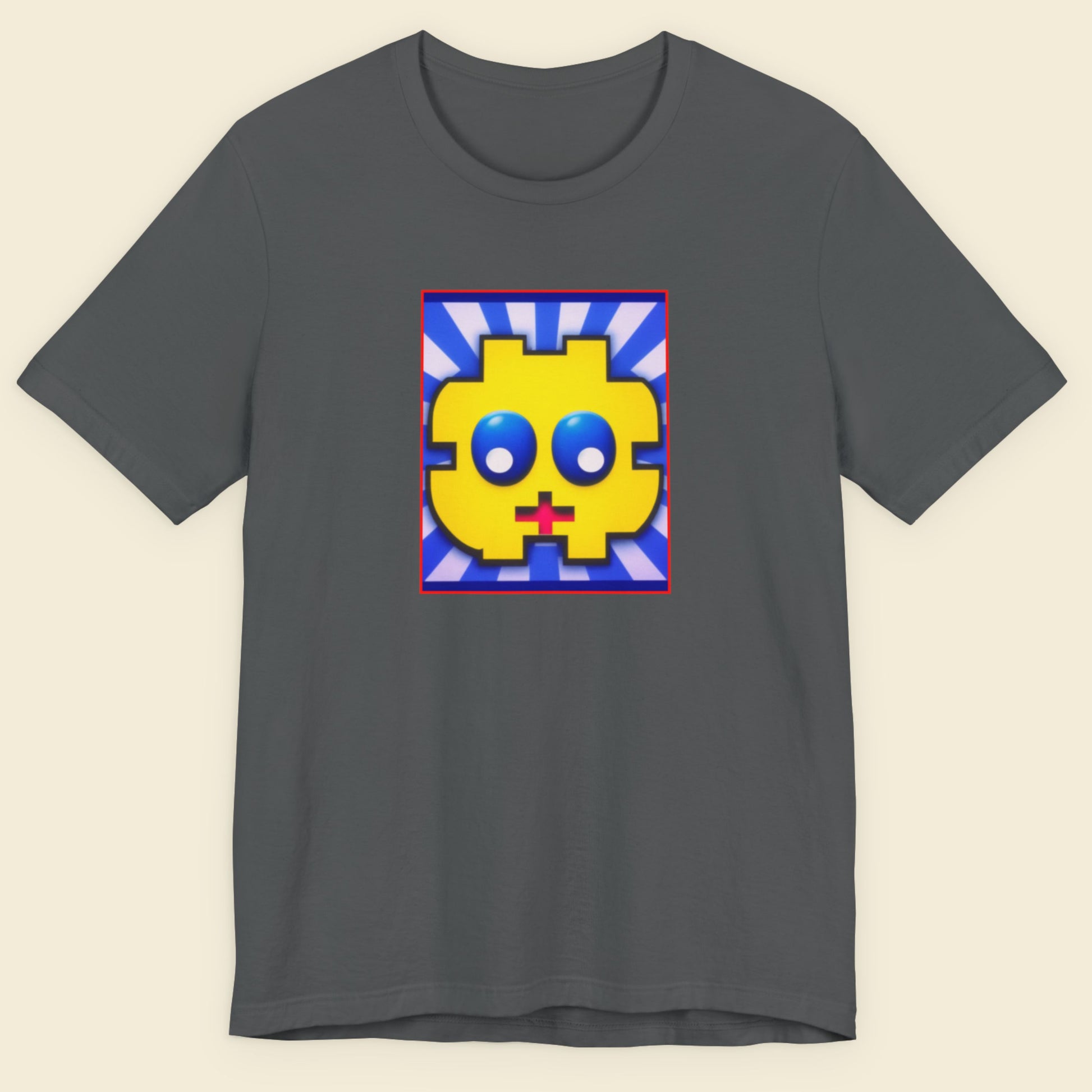 Gray t-shirt with a colorful graphic design on a beige background.