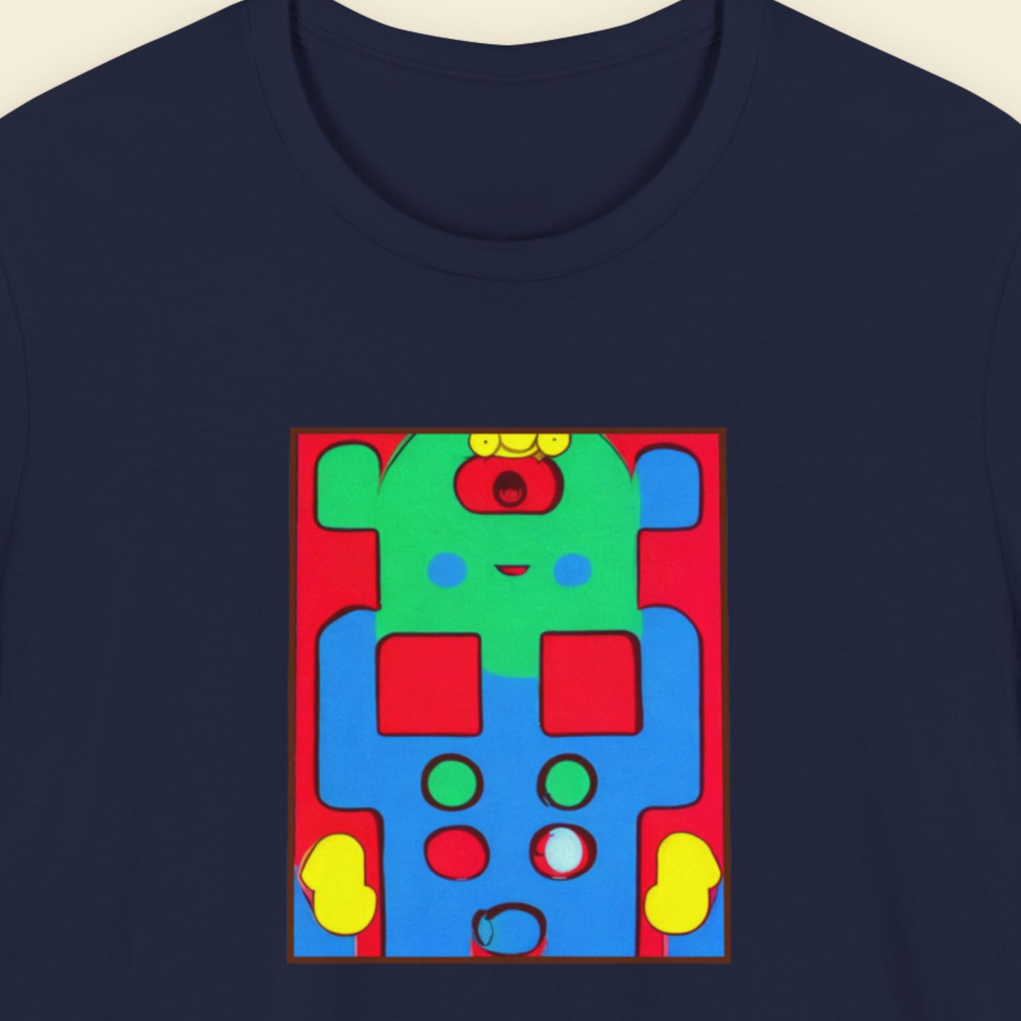 Navy blue t-shirt with a fun, colorful abstract cartoon illustration on a beige background.