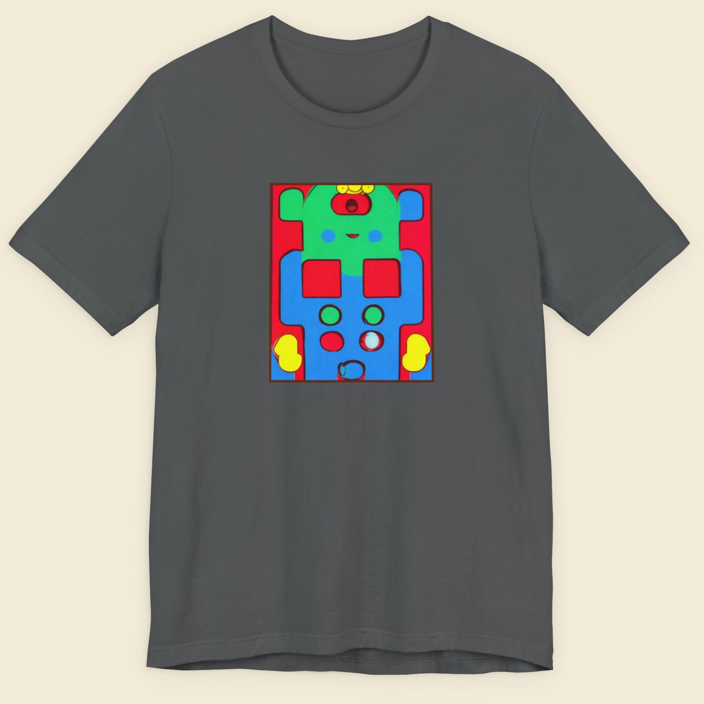 Gray t-shirt with a colorful robot graphic on a beige background.