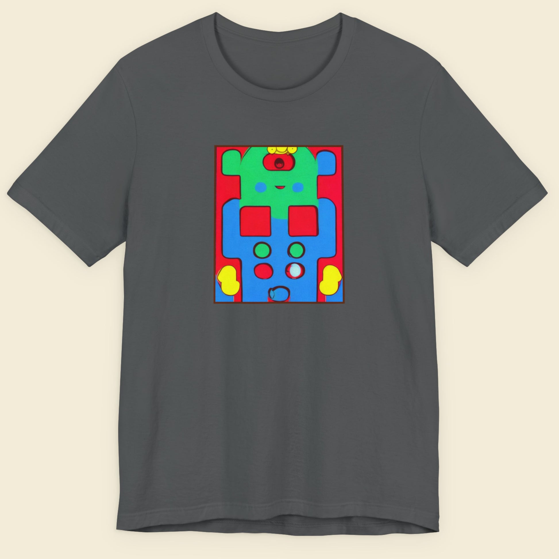 Gray t-shirt with a colorful robot graphic on a beige background.