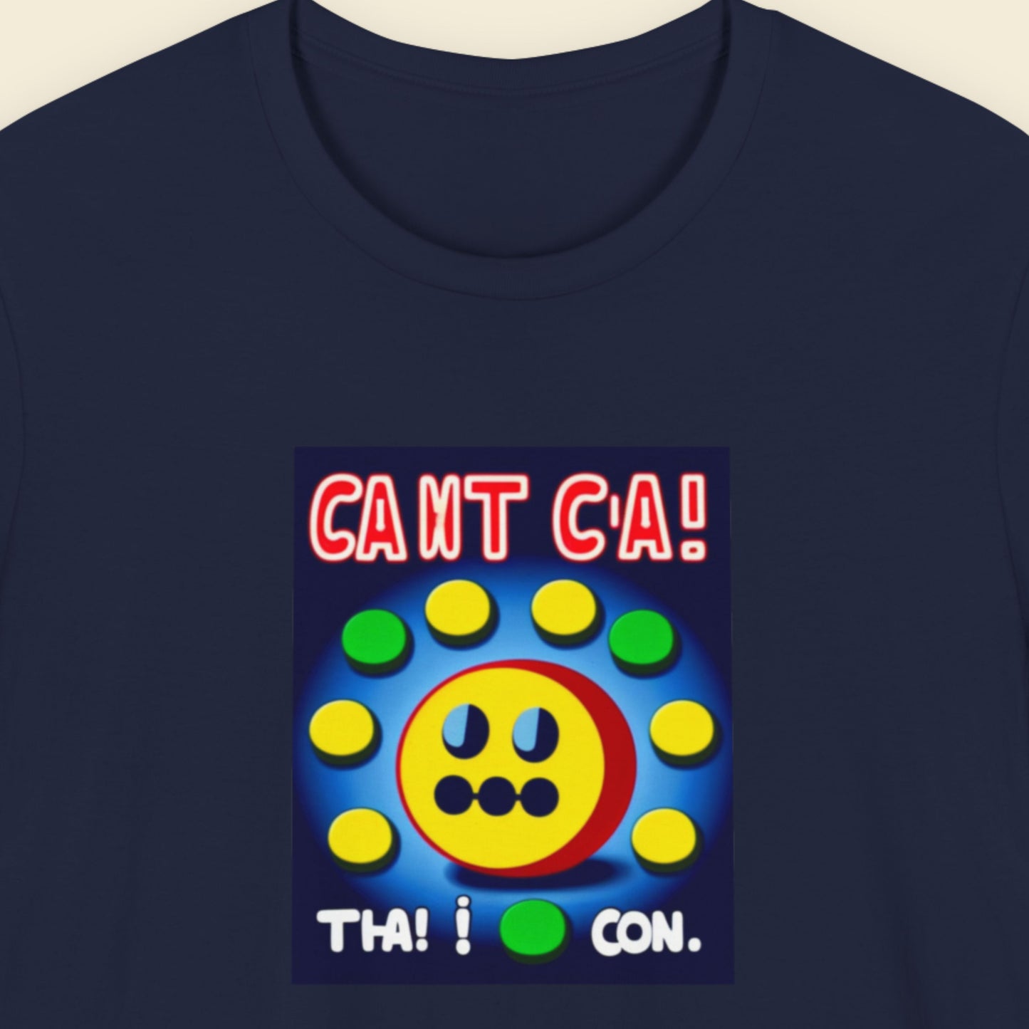 Navy blue t-shirt with colorful graphic design featuring text and smiley face on a beige background.