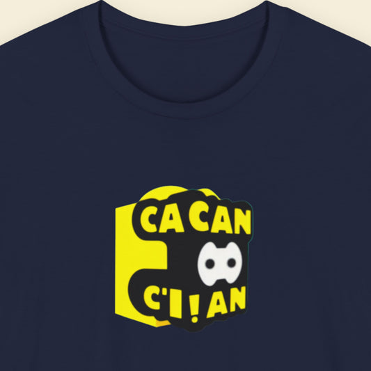 Navy blue t-shirt with a fun, colorful cartoon illustration on a beige background.