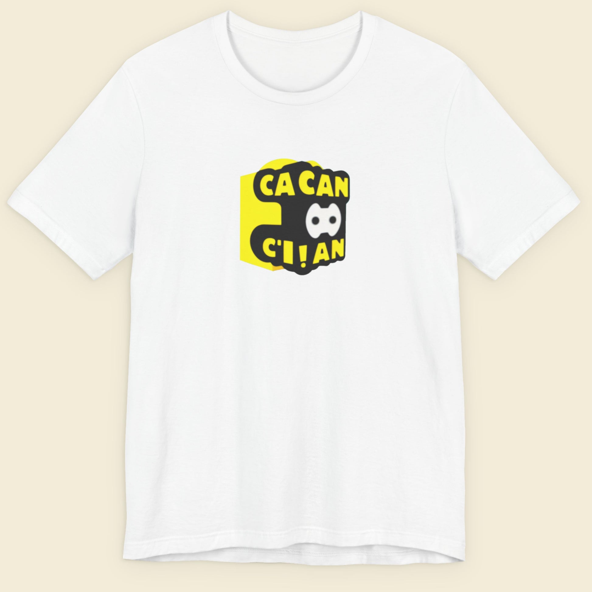 White t-shirt with a yellow and black logo on a beige background.
