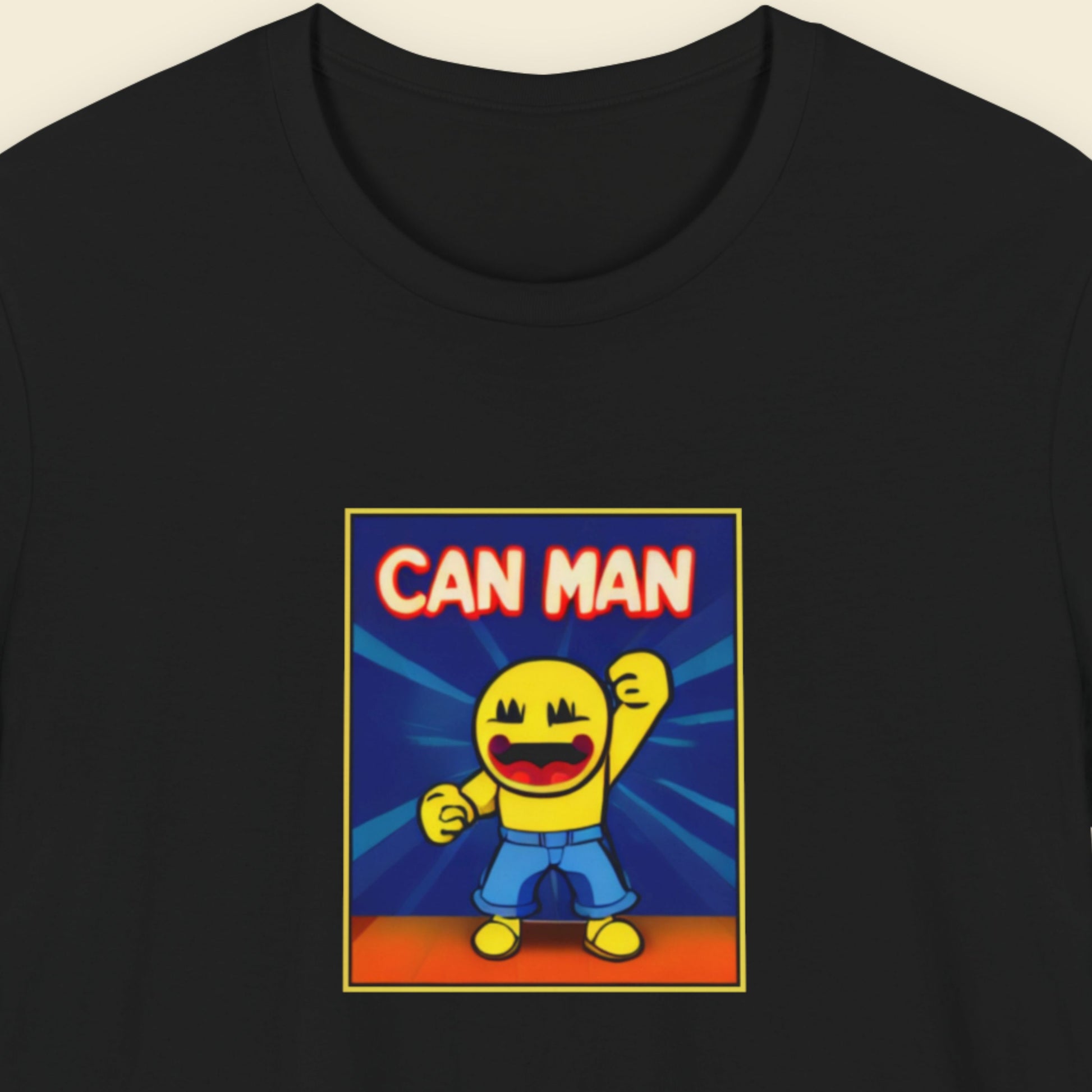 Black t-shirt with a colorful graphic of 'Can Man' on a beige background