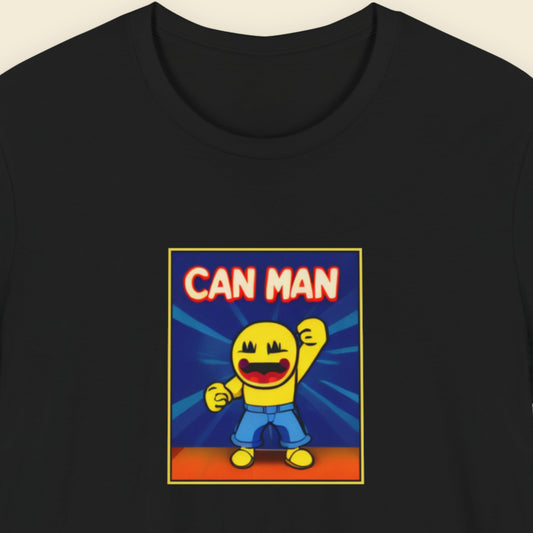 Black t-shirt with a colorful graphic of 'Can Man' on a beige background