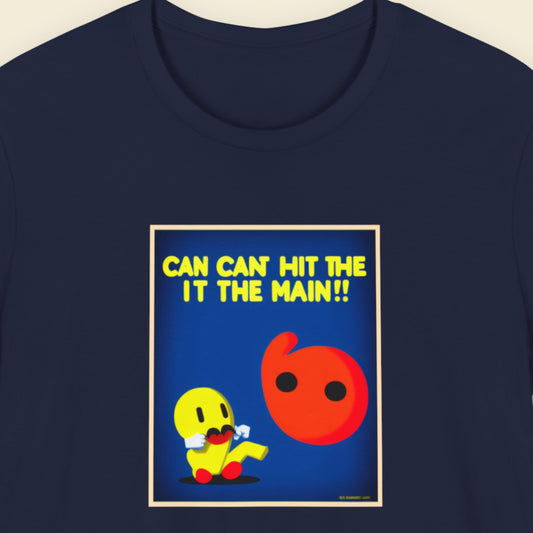 Navy blue t-shirt with a fun, colorful cartoon illustration on a beige background.